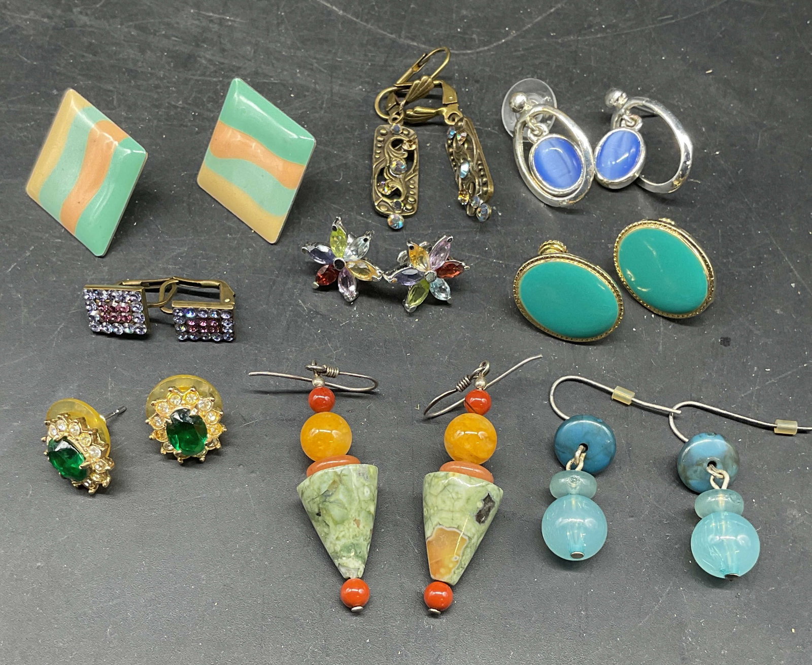 Lot 9 Vtg Roman Green Crystal Earrings + (1 of 11)
