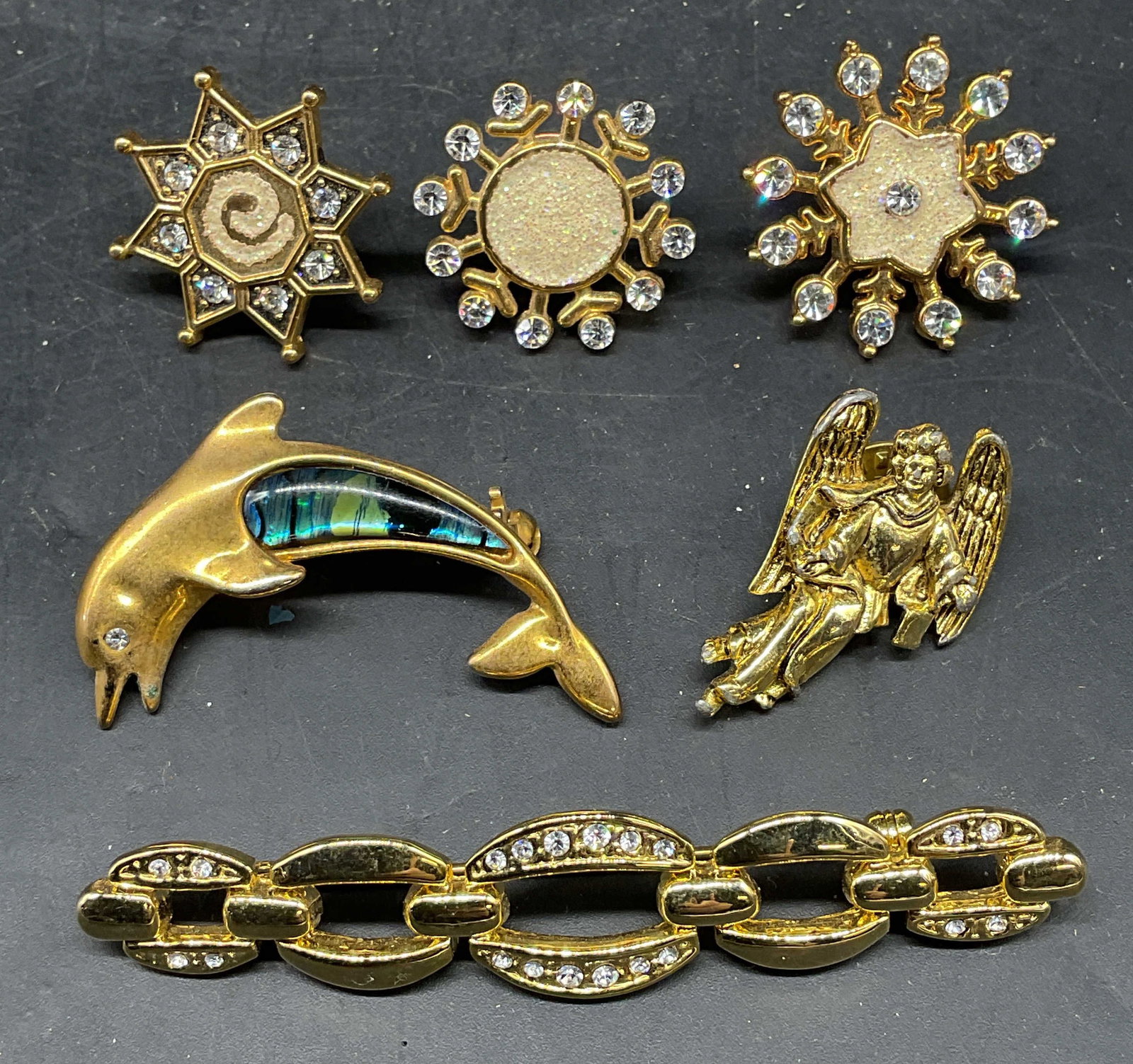 Lot 6 Vtg Gold Tone Angel, Snowflake Pins + (1 of 7)