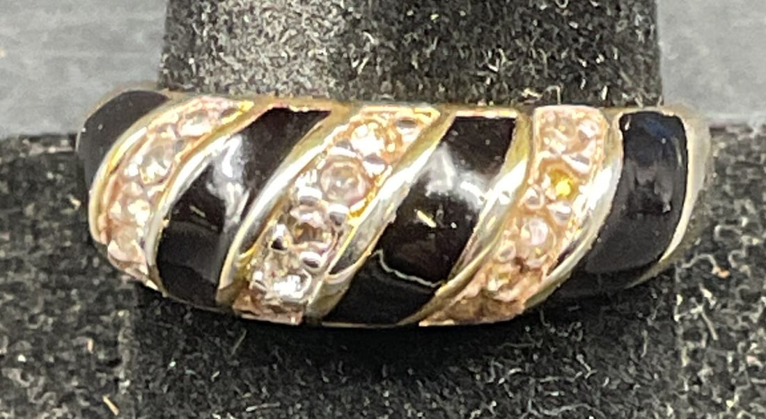 18K Gold Plated Enamel Crystal Ring: 18k gold plated black enamel and crystal ring. Size 9. Some scratching. Jewelry, estate jewelry, costume jewelry, cocktail jewelry, fashion jewelry, accessories, fashion accessories, wearables, gifts,