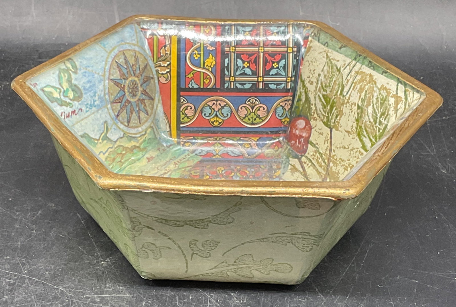 Vintage 1999 CCC Decoupage Glass Bowl: Vintage 1999 signed CCC decoupage glass bowl with green botanical pattern and graphic print. Measures approx. 6.75 x 6 x 2.75 inches. Some scratching. Ccc bowl, decoupage bowl, glass bowl, home decor,