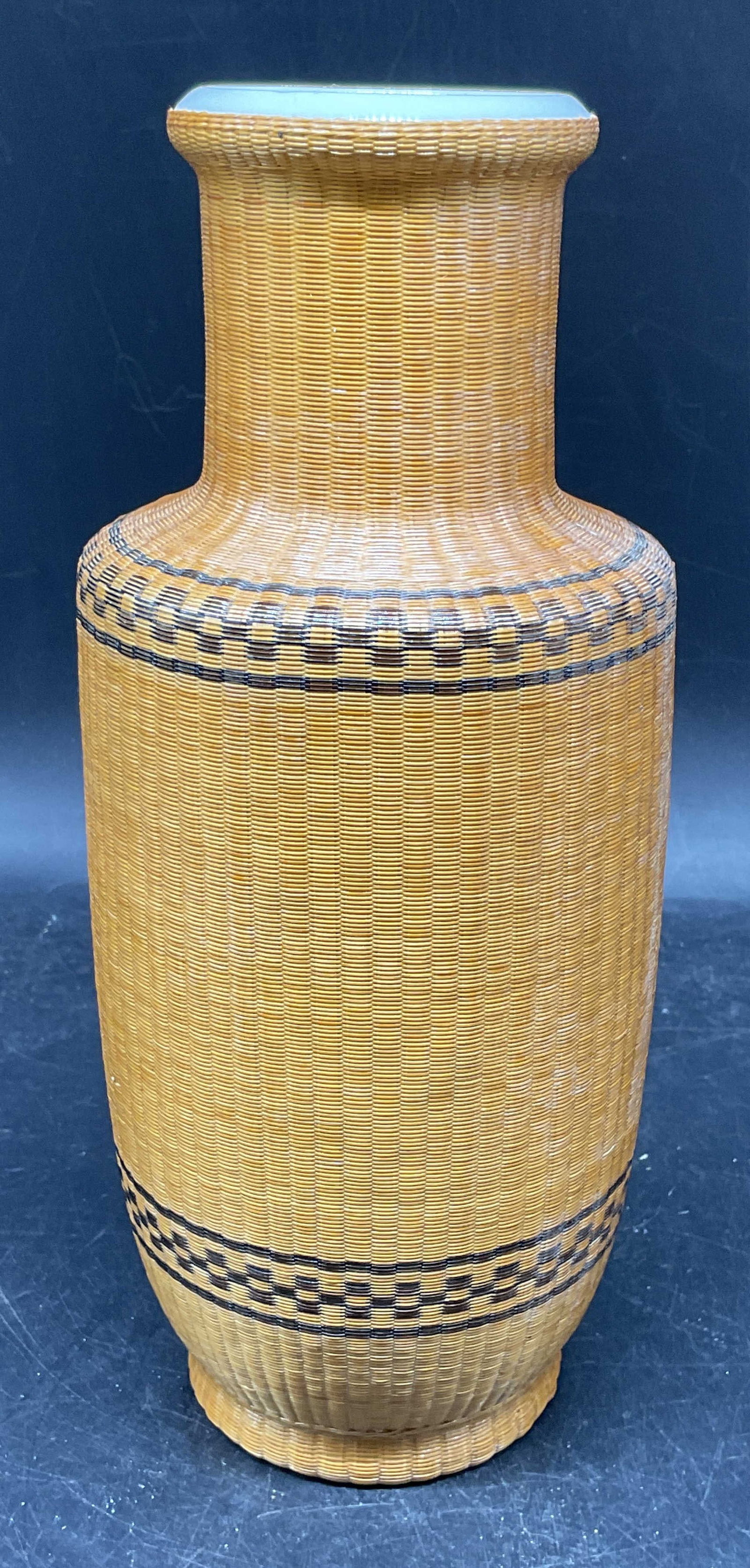 Vintage Chinese Woven Bamboo & Porcelain Vase (1 of 6)