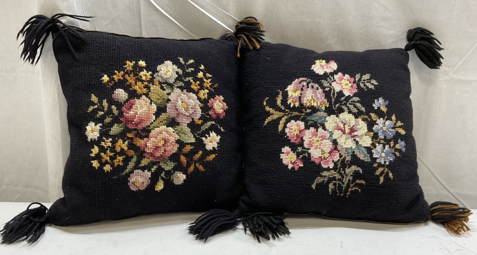 Lt 2 Vintage Needlepoint Floral Black Wool Pillows (1 of 8)