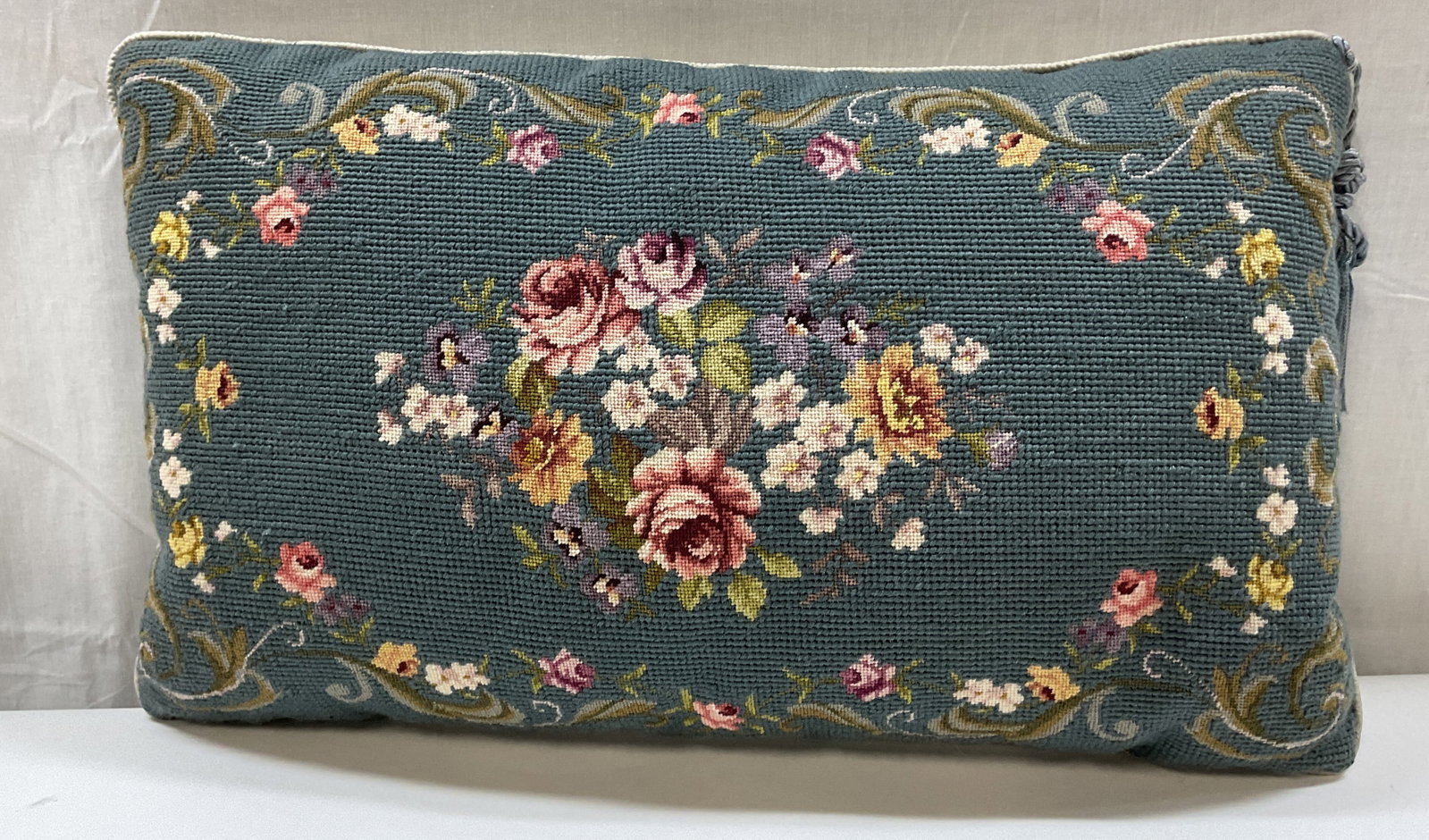 Vintage Blue Floral Needlepoint Throw Pillow (1 of 8)