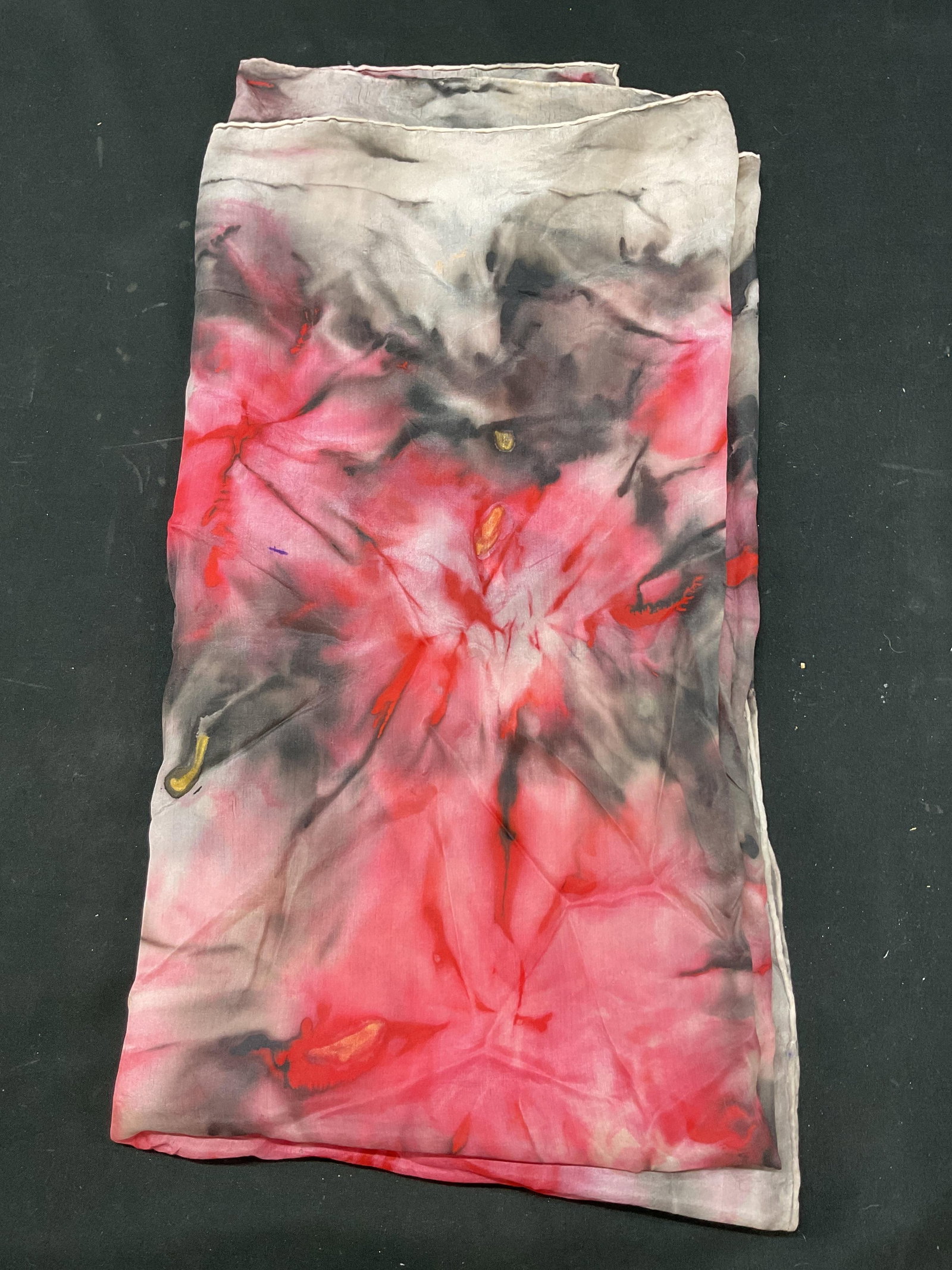 Vintage Sheer Floral Scarf: Vintage sheer floral scarf in pink, black, yellow, blue, and grey. Measures approx 32.5 x 34 inches. Wear consistent with exposure. Property of opera singers estate from the renowned & opulent Manhatt