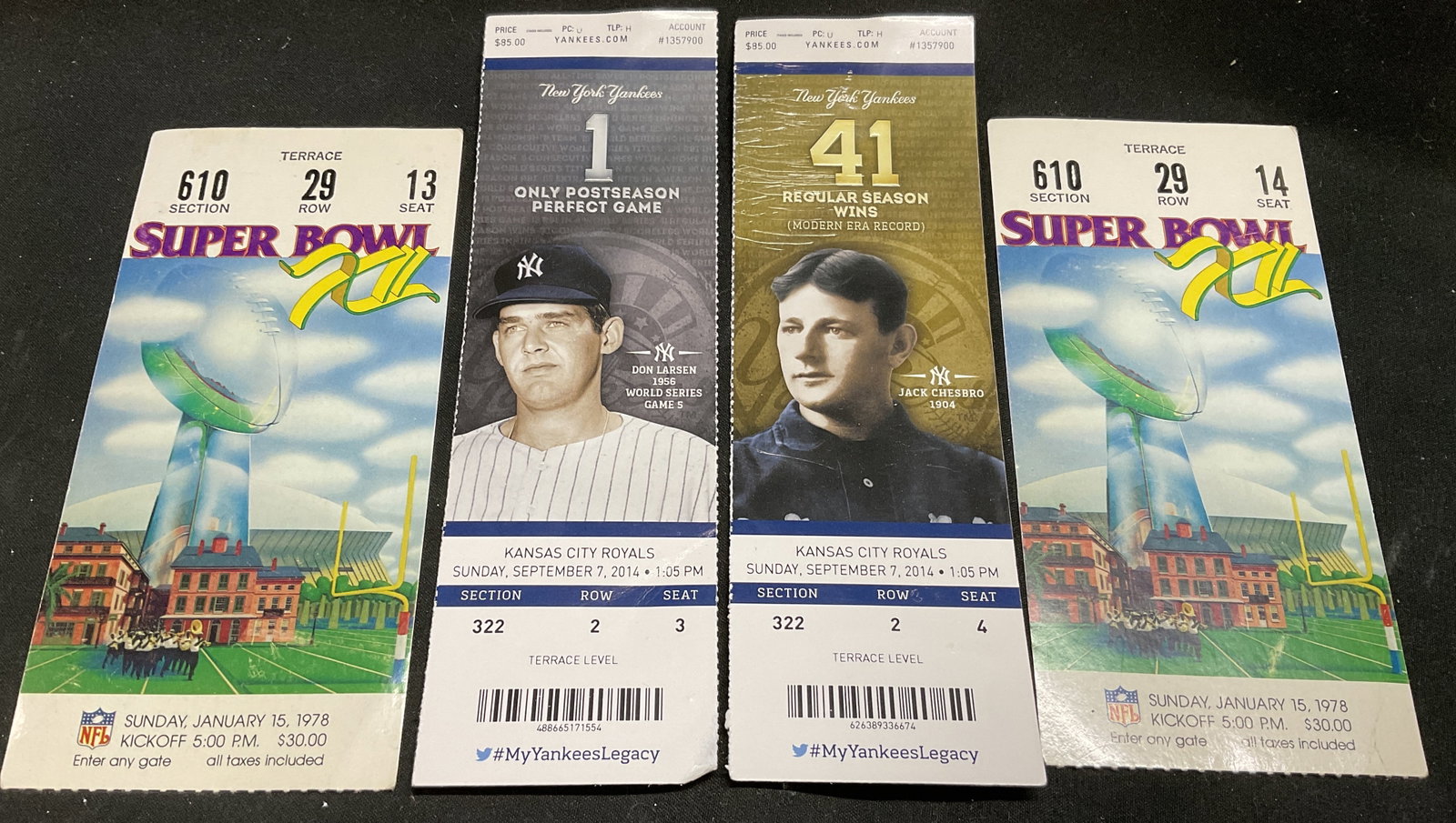 Lt 4 78+ Commemorative Sports Tickets: 4 Commemorative Sports Tickets. 2 from 1978 Super Bowl XII between Dallas Cowboys and Denver Broncos. 2 from 2014 New York Yankees Home Game against Kansas City Royals. Yankees Tickets feature Players