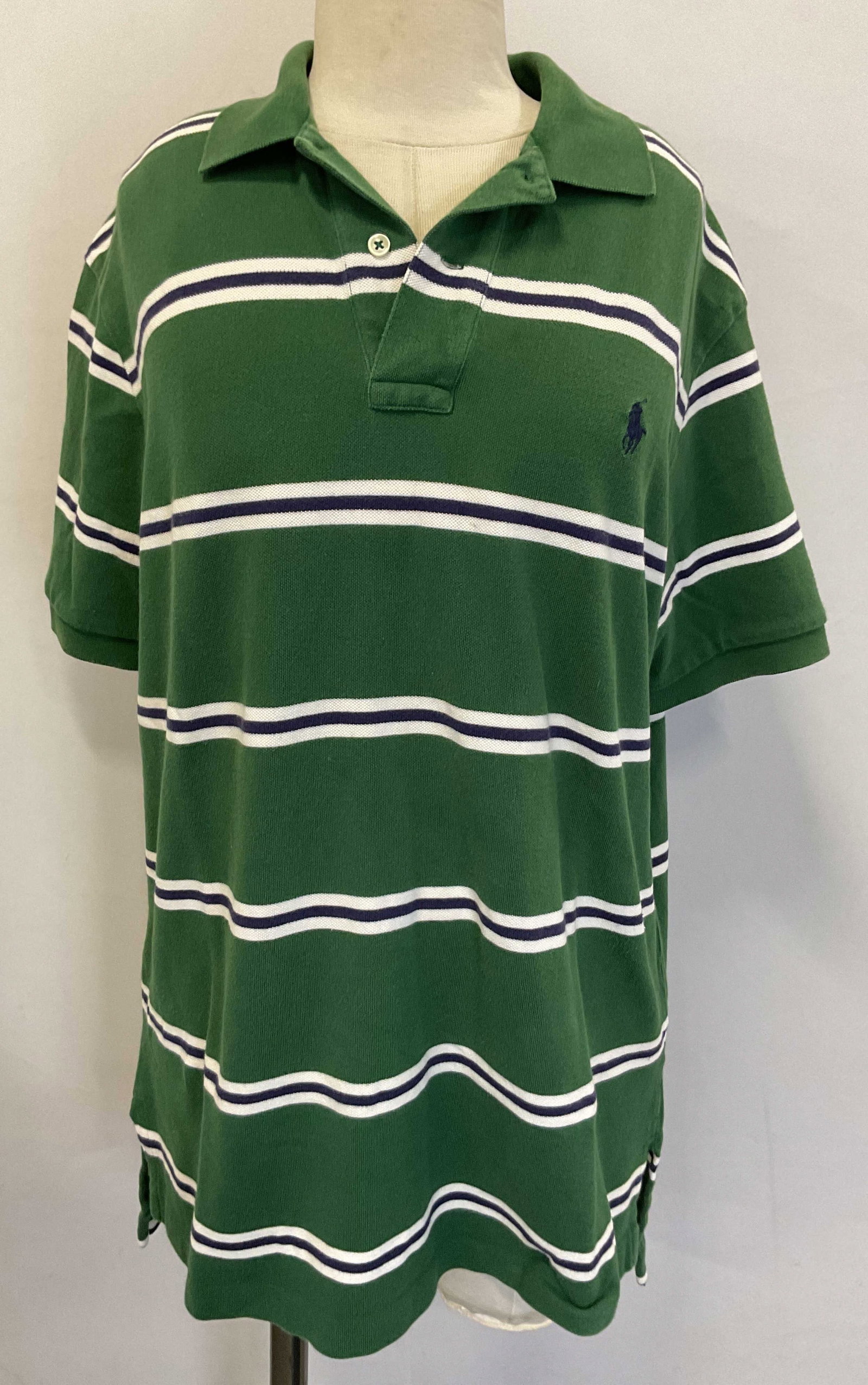 Polo Ralph Lauren Green Striped Polo Shirt: Polo Ralph Lauren green striped polo shirt. Size L. 100% cotton. Collared and buttons. Green with white and blue stripes. Embroidered Ralph Lauren logo in blue. Wear consistent with exposure. Polo Ral