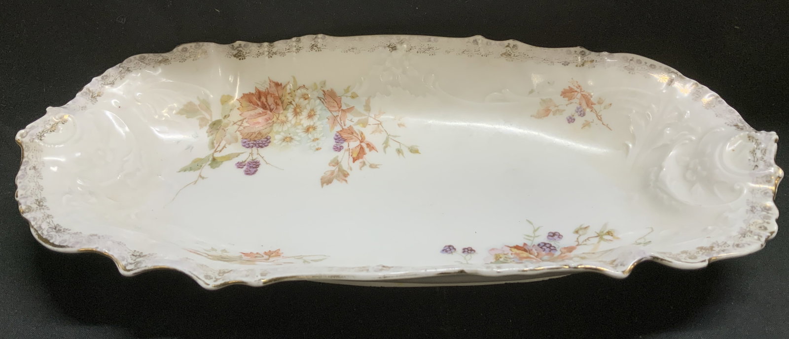 Vtg C.T. Floral Motif Porc Serving Dish GERMANY: Vintage porcelain serving dish features floral motifs & gilt accents. Scalloped rim with embossed detailing. Signed & marked on underside. Reads, C.T. GERMANY. Surface wear consistent to age, use & ex