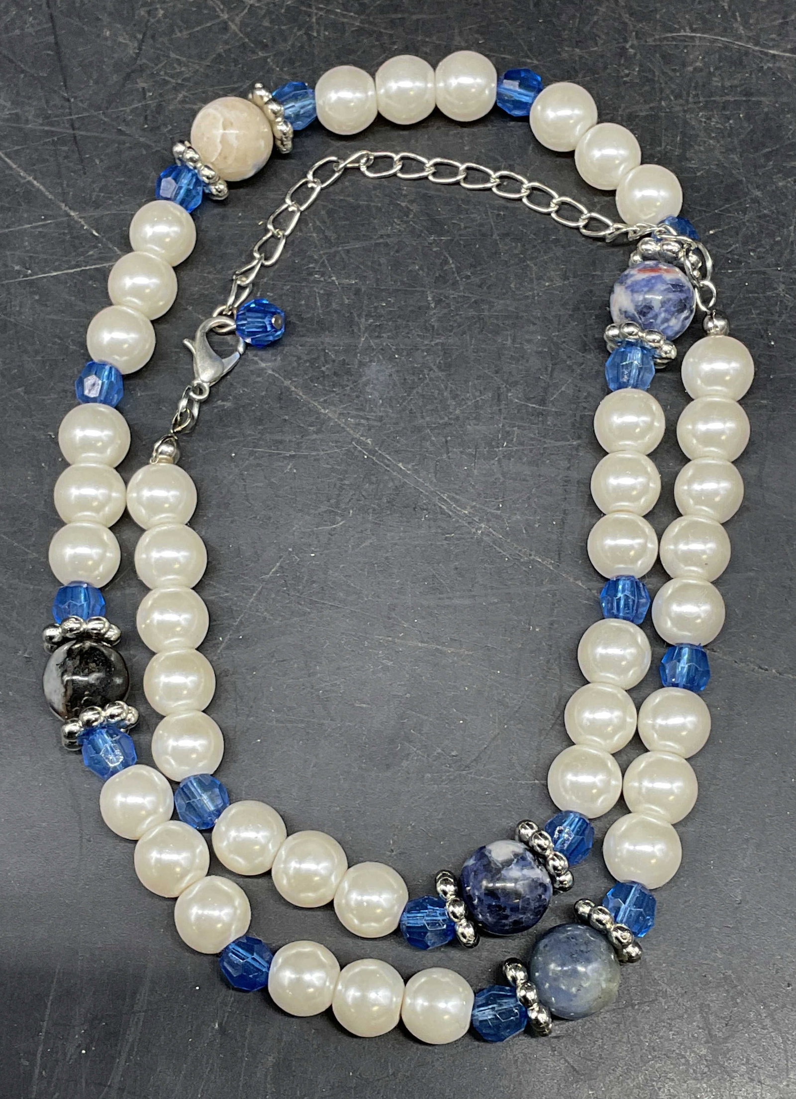 Vintage Faux Pearl Blue Crystal Necklace (1 of 6)
