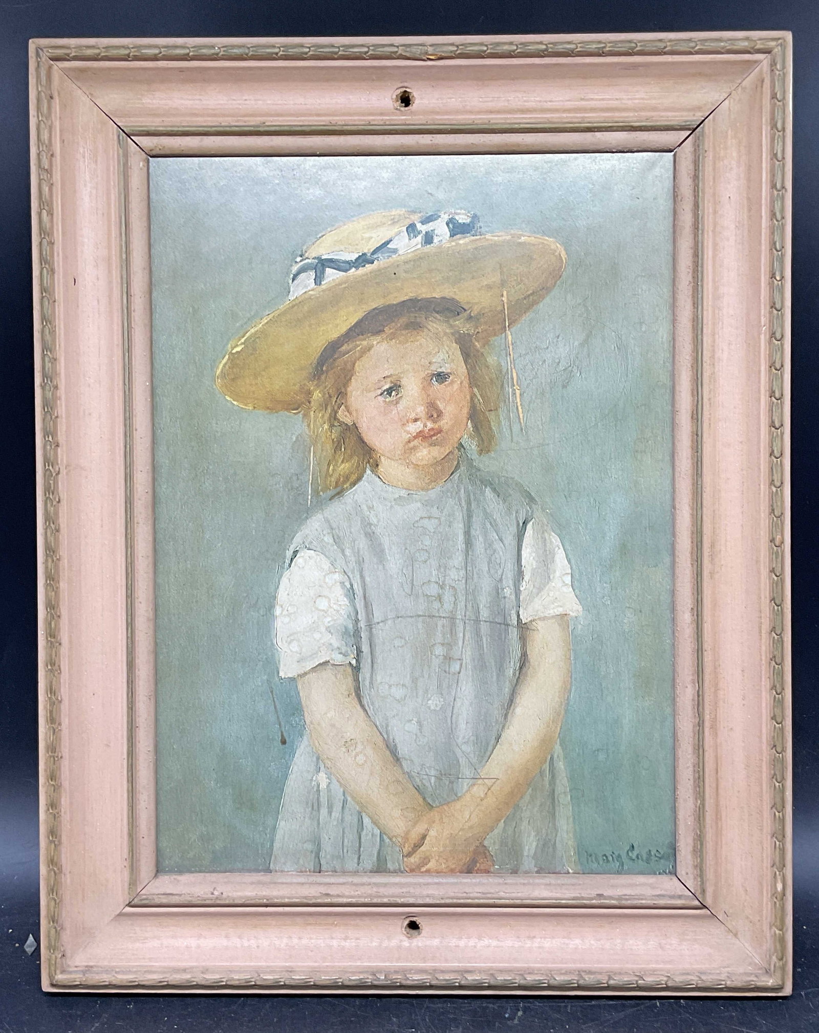 Framed After Cassatt Child in Straw Hat Litho: Framed lithograph on board. After Mary Cassatt, Child in a Straw Hat. Pink wood frame. Not examined out of frame. Frame measures approx. 15 x 12 inches. Some scratching. Art, fine art print, framed ar