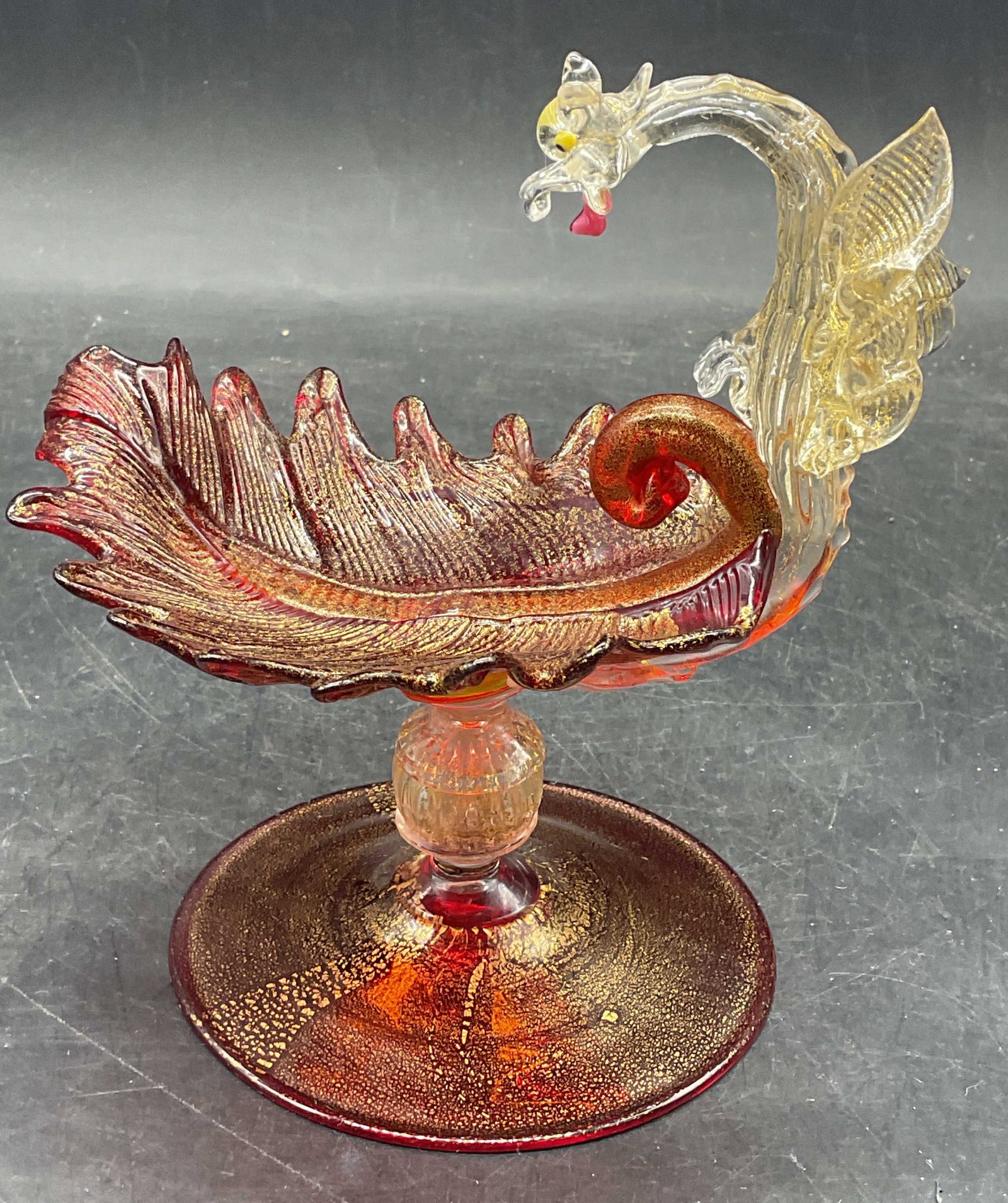 Red Art Glass Sea Serpent Footed Compote (1 of 6)