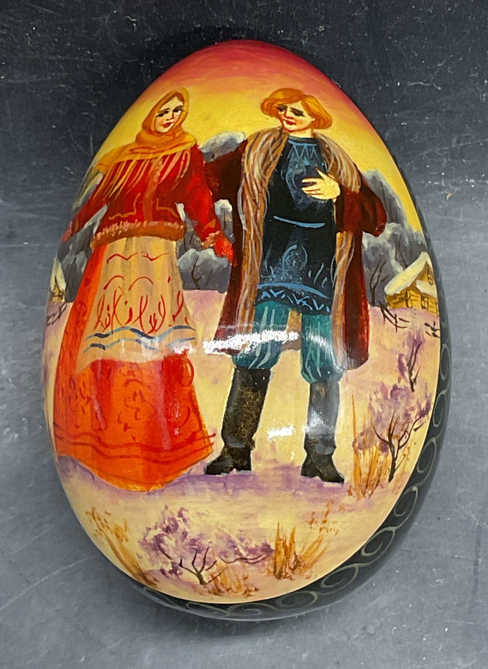Signed Russian Lacquered Folk Figural Egg (1 of 6)