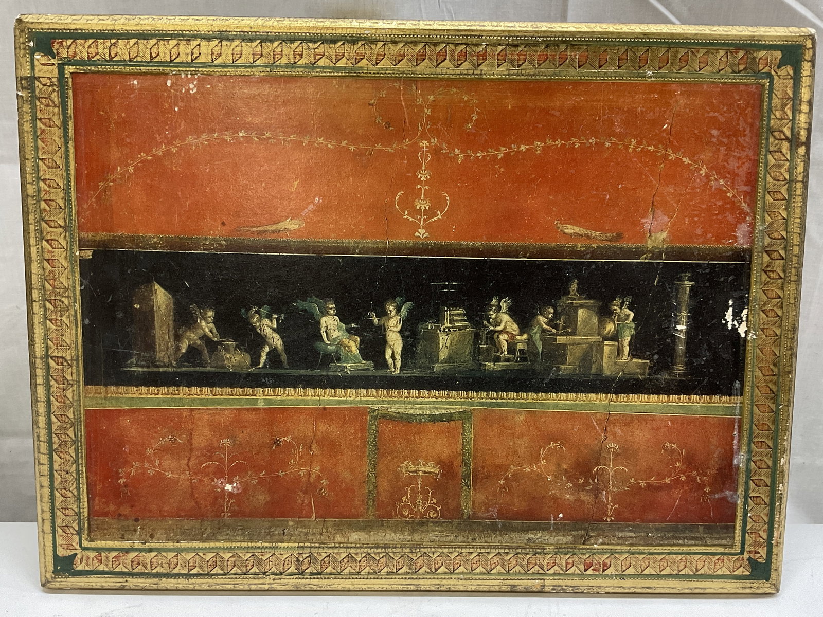 VTG Fratelli Alinari Roman Fresco Florentine Panel: Hand-Crafted Fratelli Alinari Mid 20th Century Florentine Wooden Panel Featuring a Print Reproduction of a Roman Cherub Fresco from the House of the Vetti in Pompeii. Orange, Green, and Gilt Tones. So