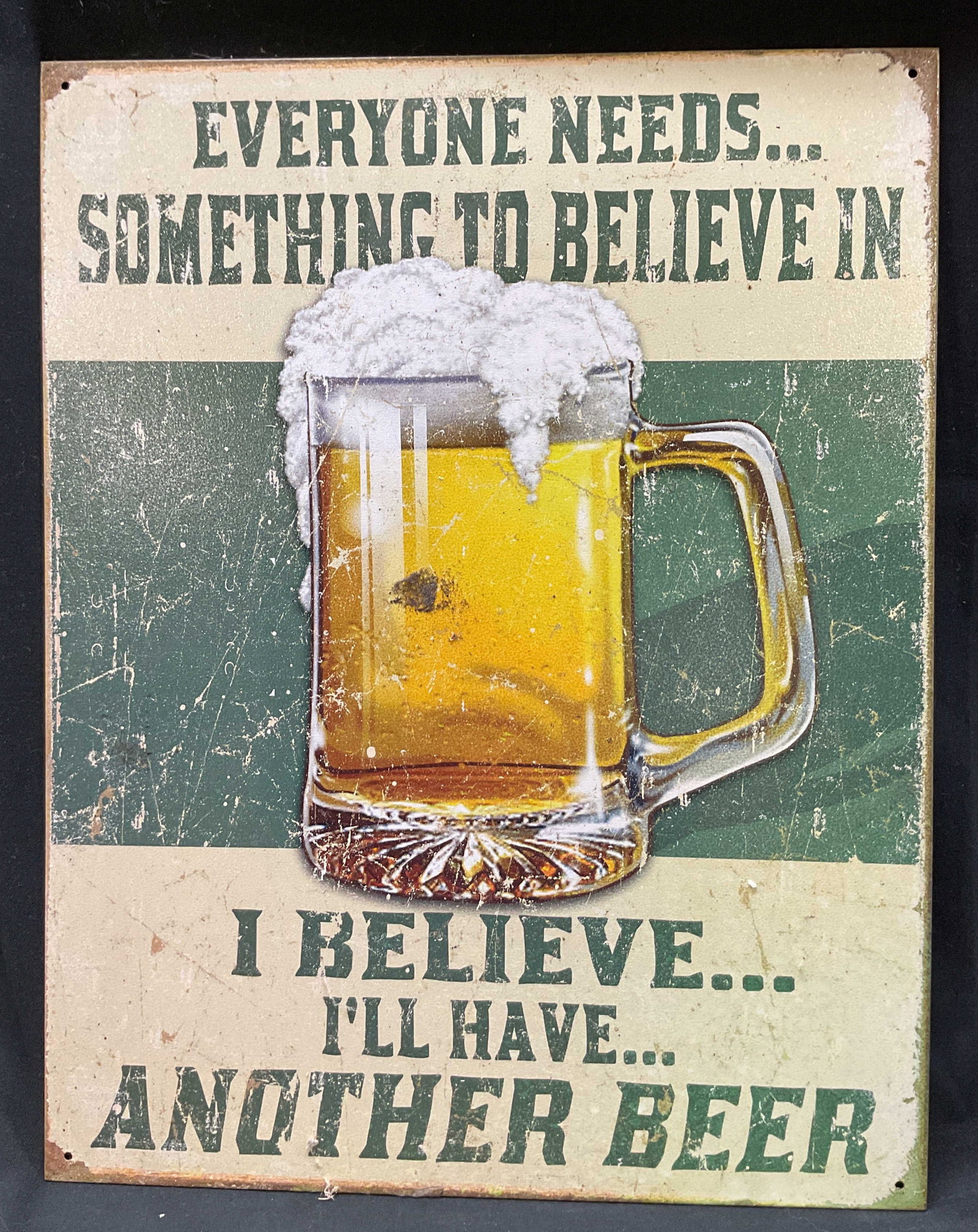 Vintage Beer Decorative Wall Sign USA: Vintage beer decorative wall sign. Made in USA. Produced by Desperate Enterprises. Tin sign. Illustrated as photographed here, a beer mug with text. Varying colors. Measures approx 12.5 x 16 inches. S