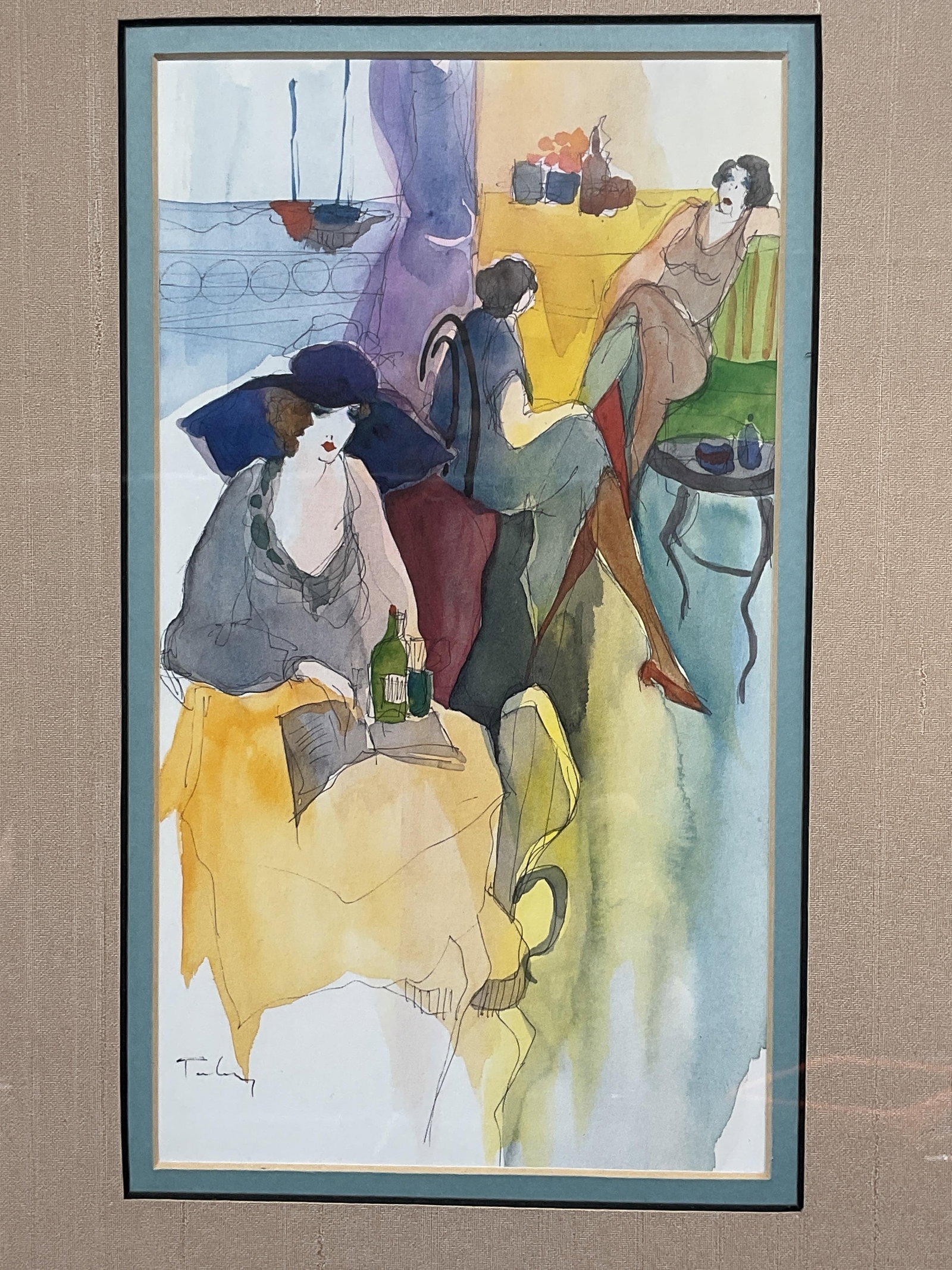 Framed After Tarkay Cafe Scene Lithograph: Framed and matted lithograph. After Itzchak Tarkay. Cadre scene with seated women. Black and gilt wood frame, not examined out of frame. Frame measures approx. 15.5 x 11.5 inches. Some wear consistent