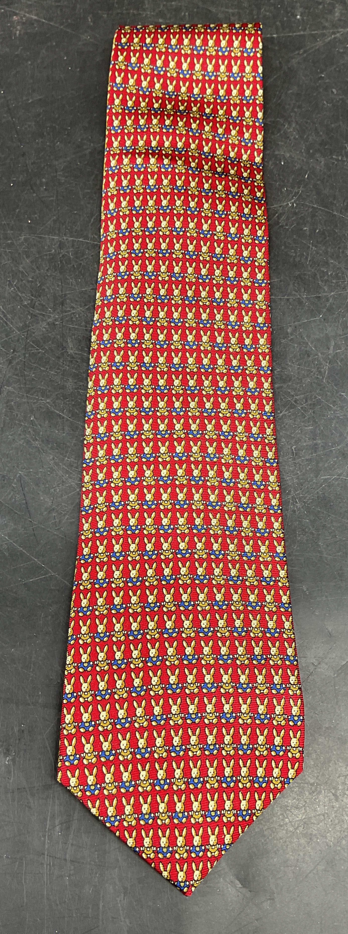 Vintage Andrew Scott Red Rabbit Silk Tie: Vintage Andrew Scott red rabbit print silk tie. Measures approx. 56 inches. Some blemishes. Tie, silk tie, vintage tie, accessories, fashion accessories, wearables, red tie, rabbit tie, 10 tb