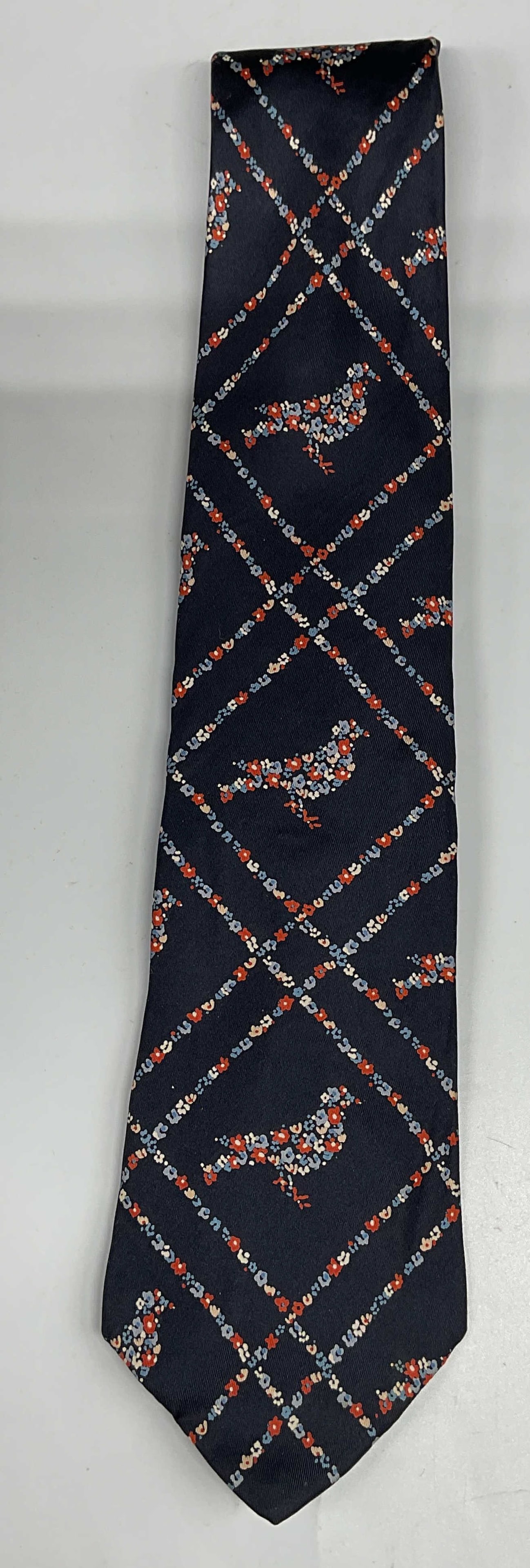 Vintage Berkley Blue Floral Bird Silk Tie: Vintage Berkley navy blue floral bird print silk tie. Measures approx. 58 inches. Some blemishes. Tie, silk tie, vintage tie, accessories, fashion accessories, wearables, blue tie, floral tie, 10 tb