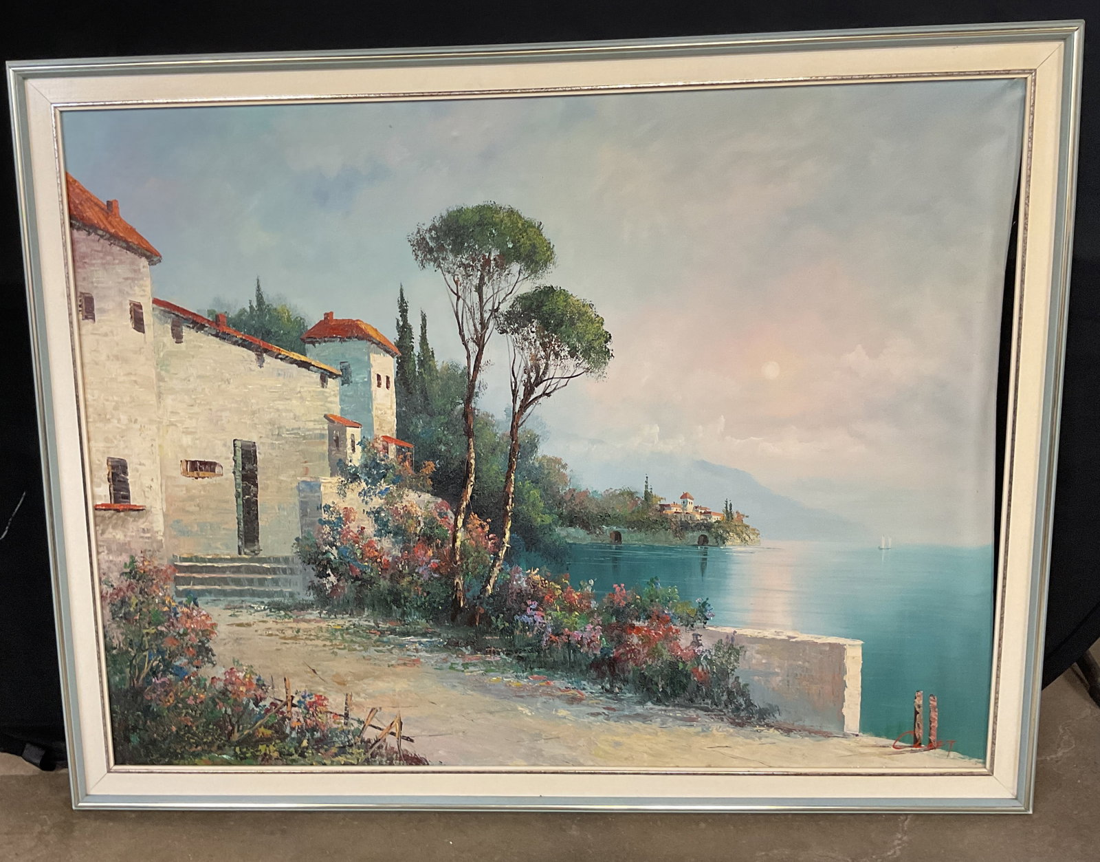 Sgn C Loft Mediterranean Coast Oil Painting 52.5in: Framed oil on canvas painting. Signed lower right, C. Loft. Mediterranean coastal scene with view of ocean and houses, blue wood frame. Not examined out of frame. Frame measures approx. 40.5 x 52.5