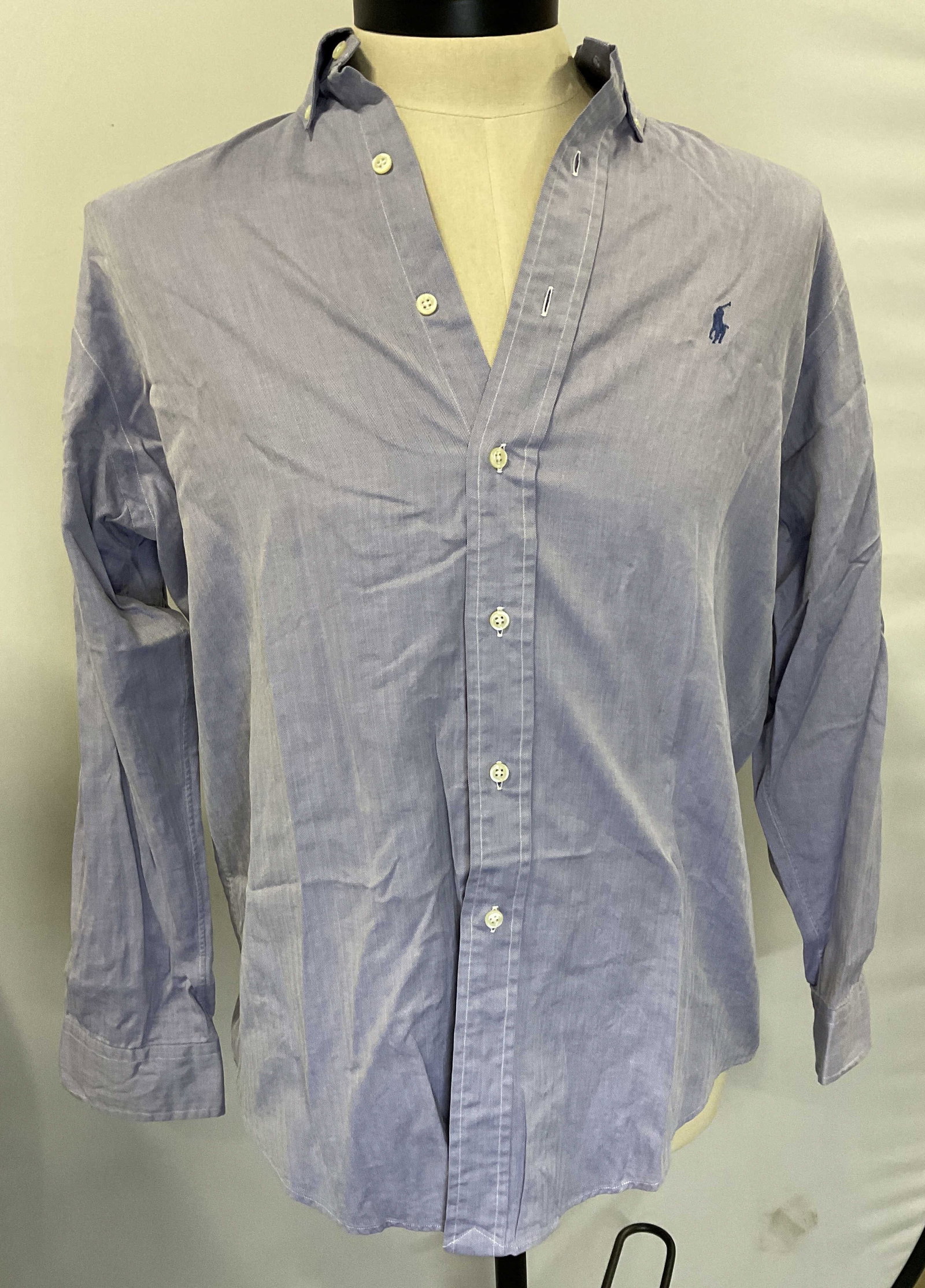 Polo Ralph Lauren Yarmouth Long Sleeve Button-Up: Polo Ralph Lauren Yarmouth Long Sleeve Button-Up. Blue Herringbone Pattern. 100% Two-Ply Cotton. Size 15 1/2. Some Staining. Polo Shirt, Ralph Lauren, Yarmouth, Long Sleeves, Button-Down, Formal Wear,