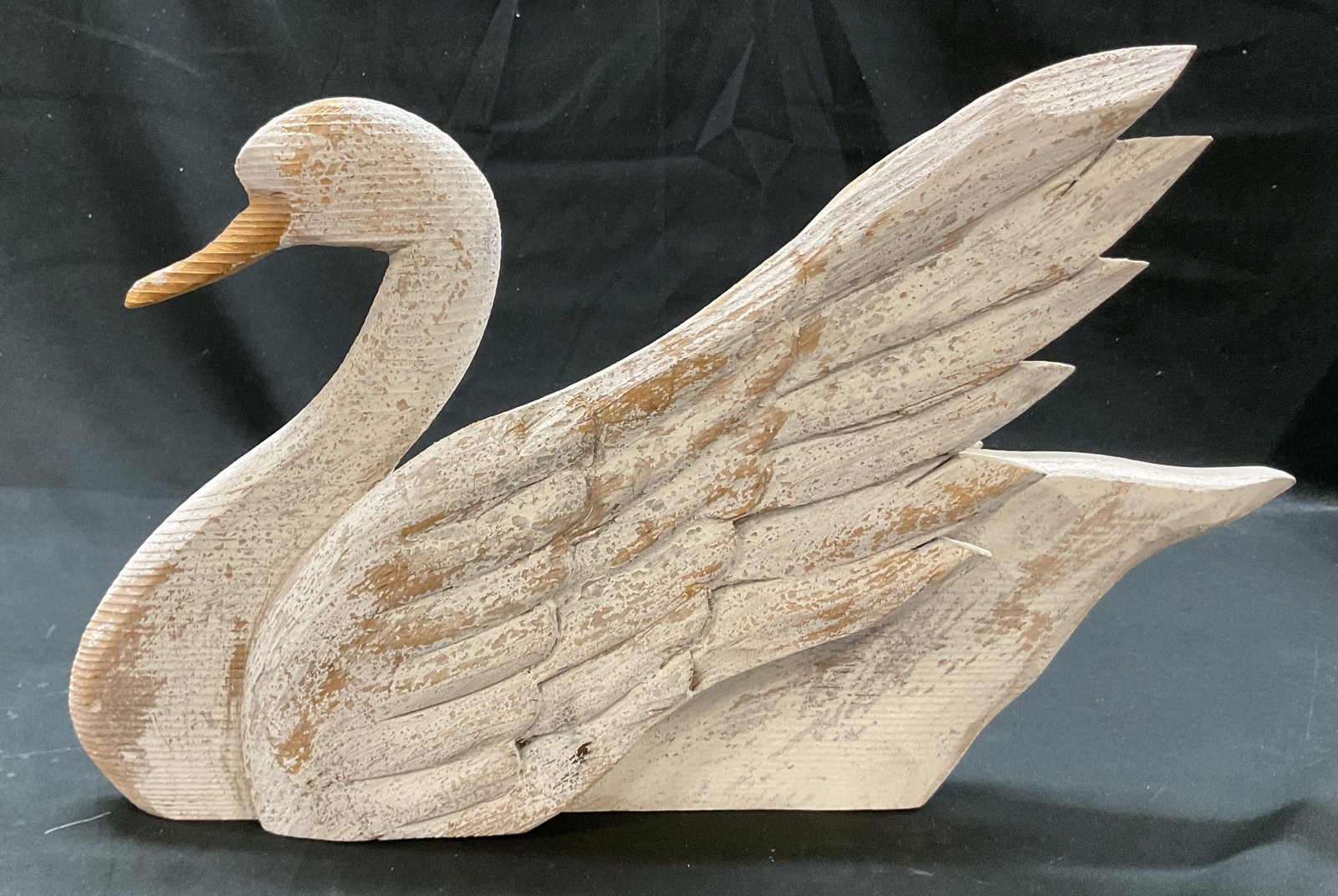 Vintage Carved Wooden Swan Sculpture 10in: Vintage carved wooden swan sculpture. No visible markings. Painted white. Carved details and features. Measures approx 3 x 14 x 10 inches. Some scratching, loss to paint. Swan sculpture, home decor, d