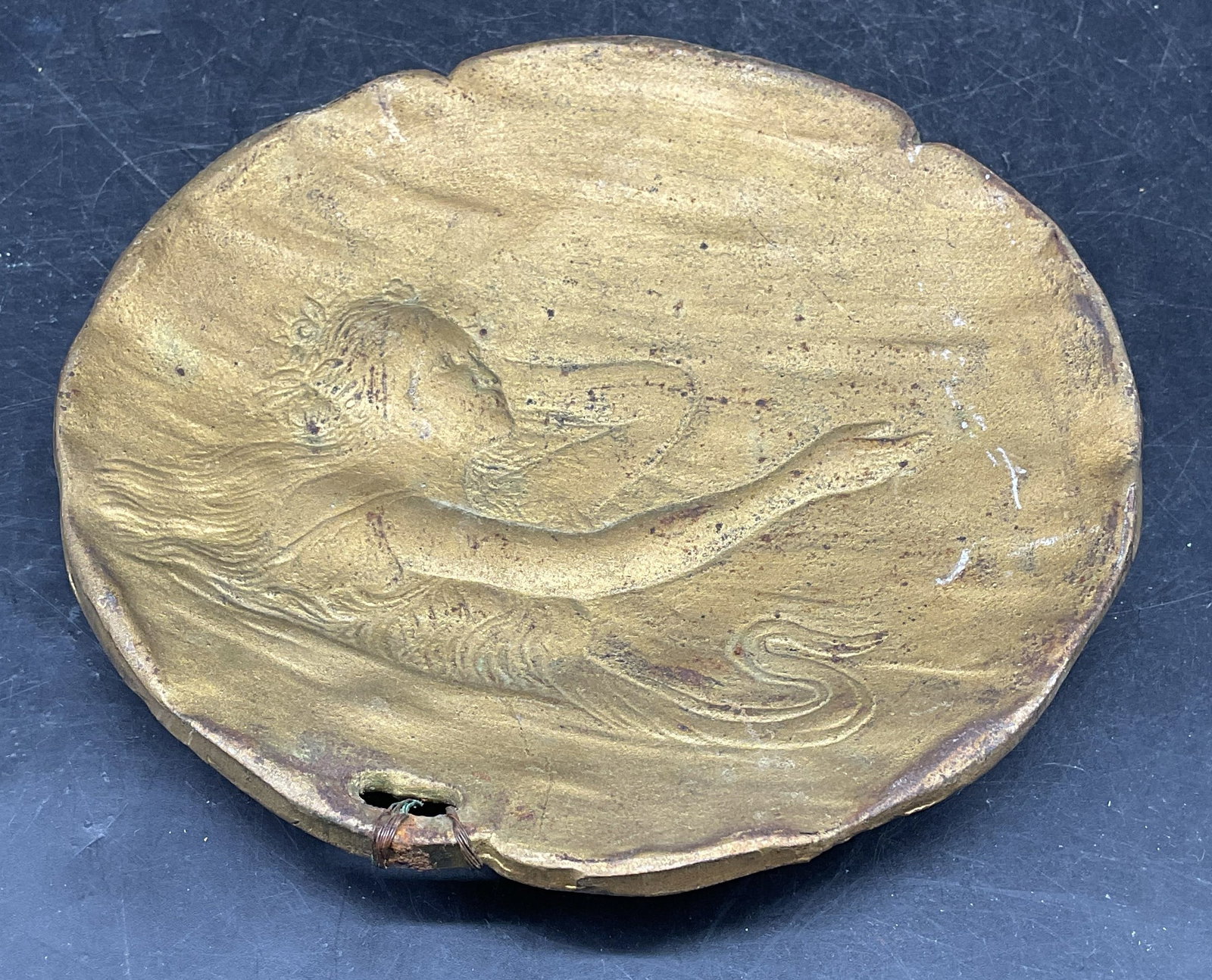 Vintage Art Nouveau Style Gilt Iron Figural Dish: Vintage, possibly antique, art nouveau style gilt iron dish with figural motif. Measures approx. 6 inches wide. Some scratching, patina, loss to gilt. Art nouveau style dish, figural dish, iron dish,