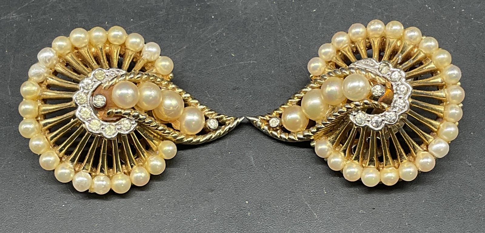 Vintage Jomaz Faux Pearl & Crystal Earrings: Vintage signed Jomaz Joseph Mazer gold tone earrings with faux pearl and crystal decoration. Measures approx. 1.5 inches wide. Some scratching. Jewelry, estate jewelry, costume jewelry, cocktail