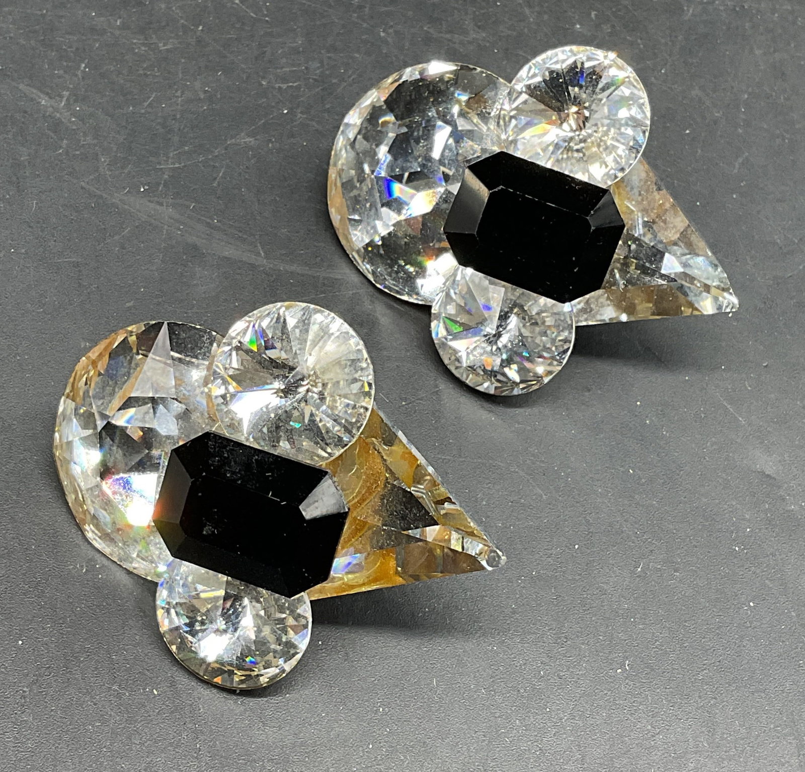Vintage Wendy Gell Crystal Statement Earrings: Vintage signed Wendy Gell geometric crystal statement earrings. Measures approx. 2 x 1.5 inches. Some scratching. Jewelry, estate jewelry, costume jewelry, cocktail jewelry, fashion jewelry,