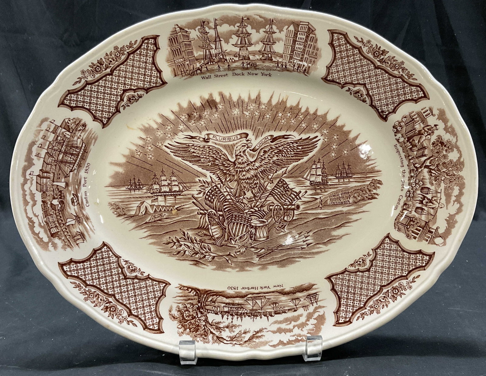 Alfred Meakin Staffordshire Ceramic Platter, Eng: Made in England, Reverse printing on platter reads fair wind, original copper Engravings, historical scenes of Chinese export to America, e pluribus unum, Alfred Maekin Staffordshire England, verso