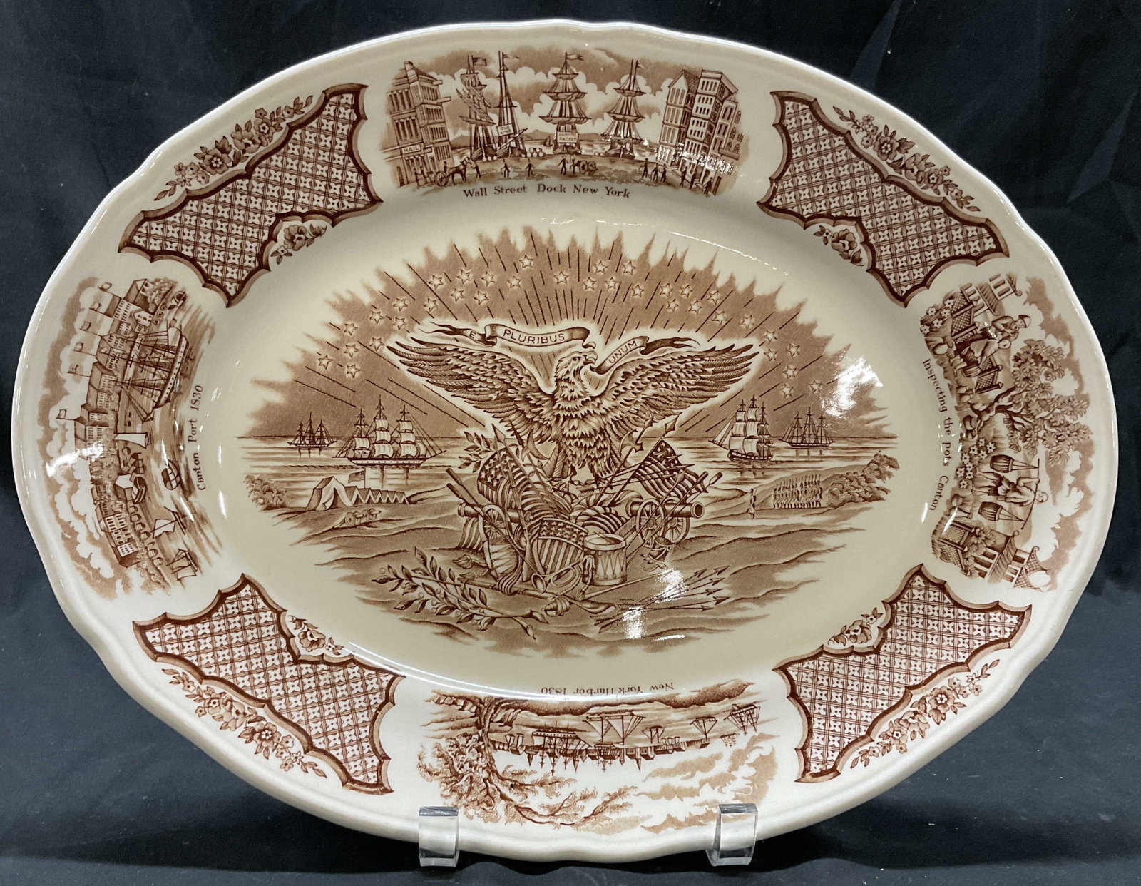 Alfred Meakin Staffordshire Platter Eng: Made in England, Reverse printing on platter reads fair wind, original copper Engravings, historical scenes of Chinese export to America, e pluribus unum, Alfred Maekin Staffordshire England, verso