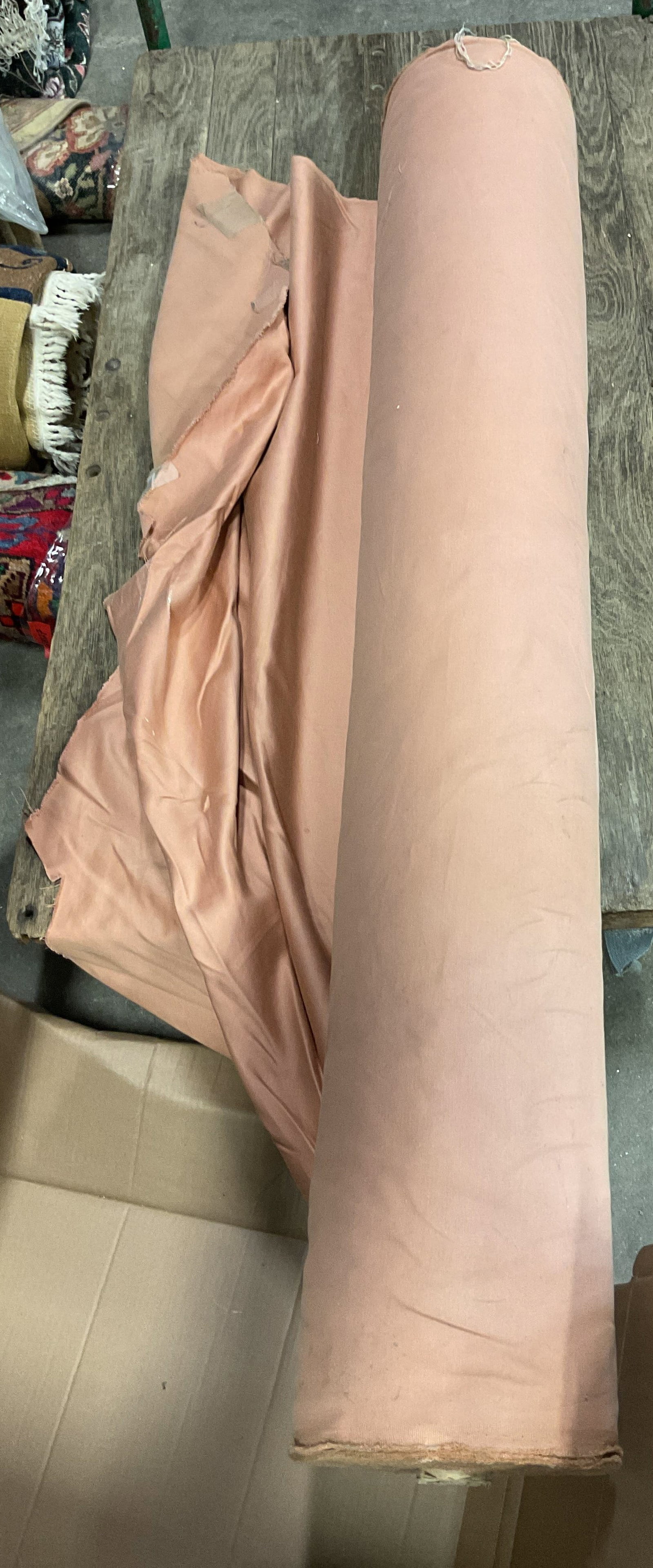Designer Terracotta Fabric Bolt: Designer terracotta fabric bolt. Cotton material. Light orange terracotta color. Not Measured, Unrolled, or Inspected. Sold As Is. Part of Large Collection of NYC Interior Designers Estate. Fabric