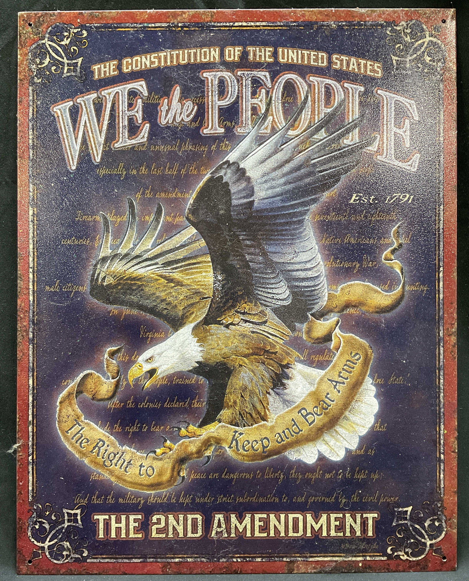 Vintage Style Metal Sign USA: Features Eagle design at center, top reads the constitution of the United states, We the People, bottom reads The Second Amendment, measures app 16 inches ht, 12.5 inches width, Wall art, vintage sign