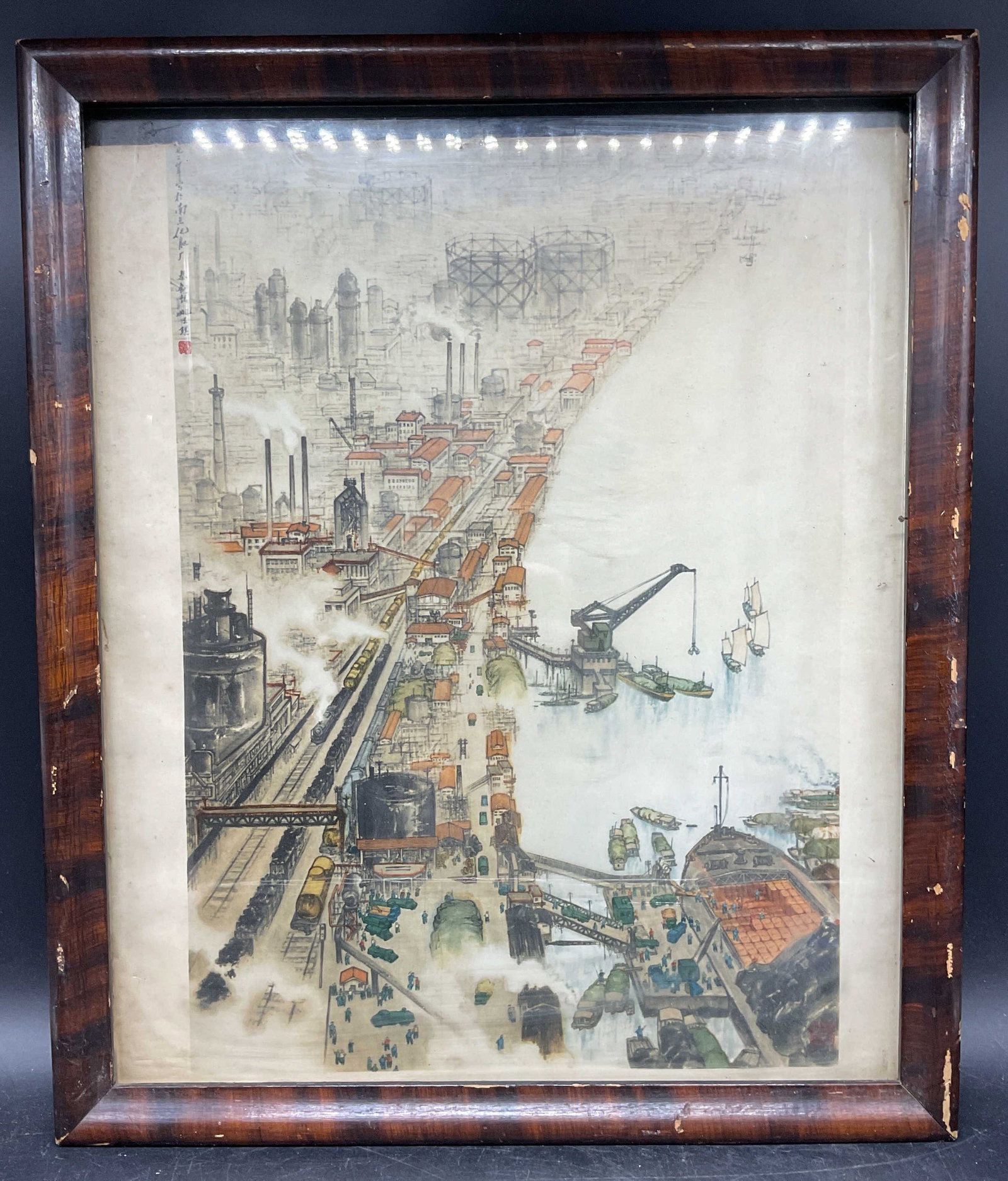 Framed Chinese Propaganda Poster Lithograph: Framed lithograph. Chinese propaganda poster. Print date unknown. Urban scene with railroad and port. Wood frame. Not examined out frame. Frame measures approx. 18.5 x 15.5 inches. Wear including foxi