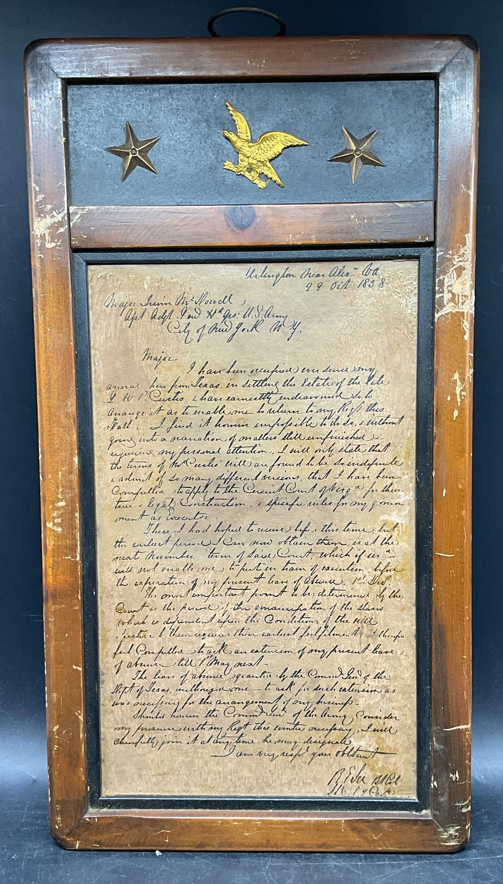 Framed 1858 Military Document Reproduction: Framed reproduction of an 1858 military document. Hand painted. Eagle and star decoration at top. Frame measures approx. 19 x 10.25 inches. Wear including losses and scratching. Art, framed art, home 