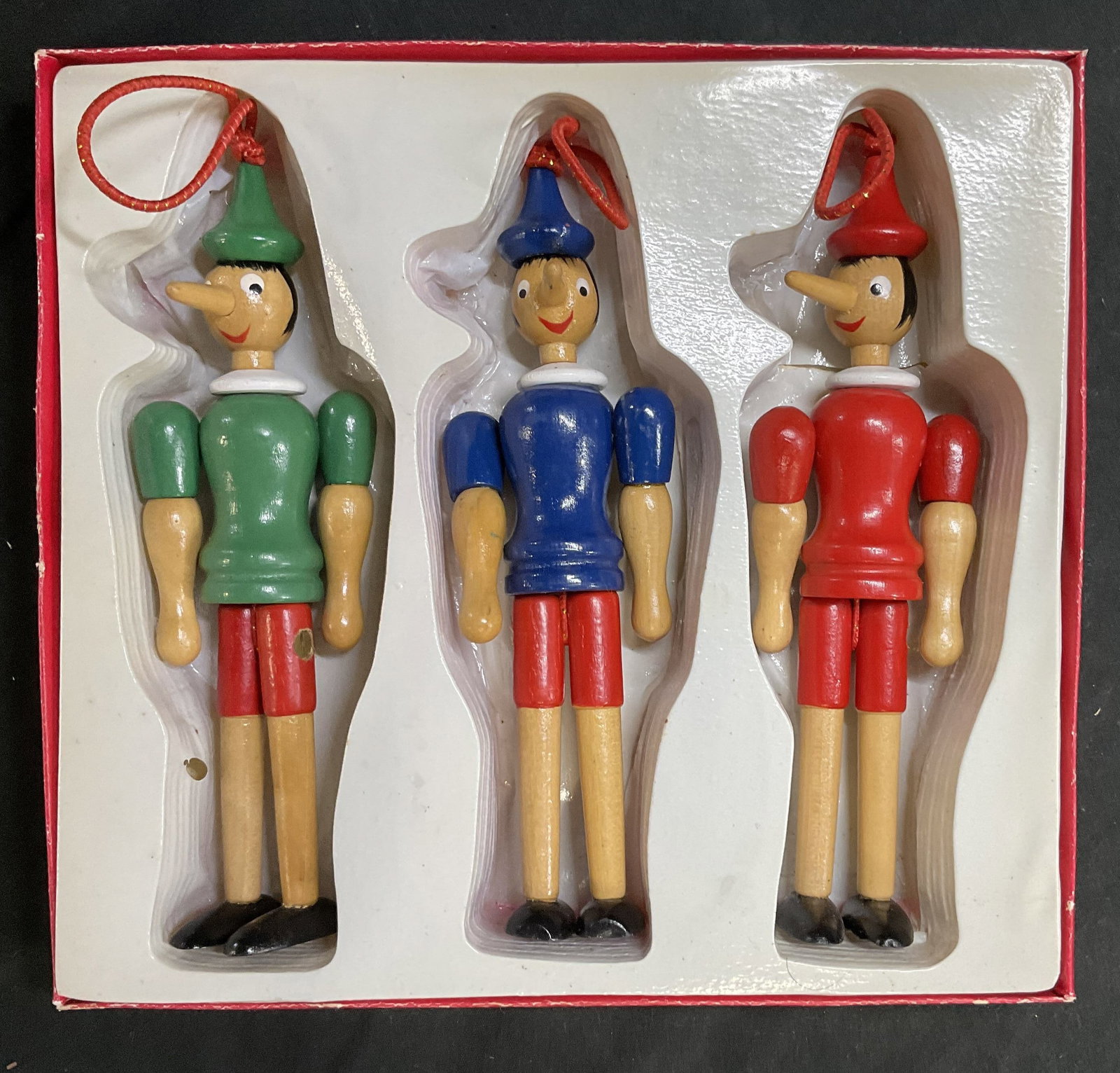 Set 3 Vntg Wood Pinocchio Ornaments, boxed (1 of 9)