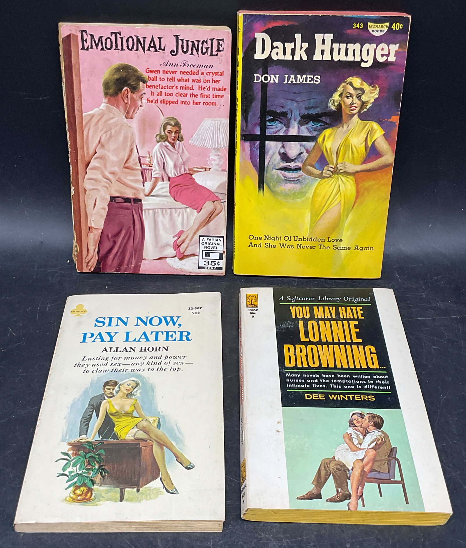 Lot 4 1961-67 Pulp Fiction Erotica Paperback Books: Lot of 4 Vintage pulp fiction erotica paperback books. Published between 1961-1967. Emotional Jungle by Ann Freeman. Sin Now Pay Later by Allan Horn. You May Hate Lonnie Browning by Dee Winters. Dark 