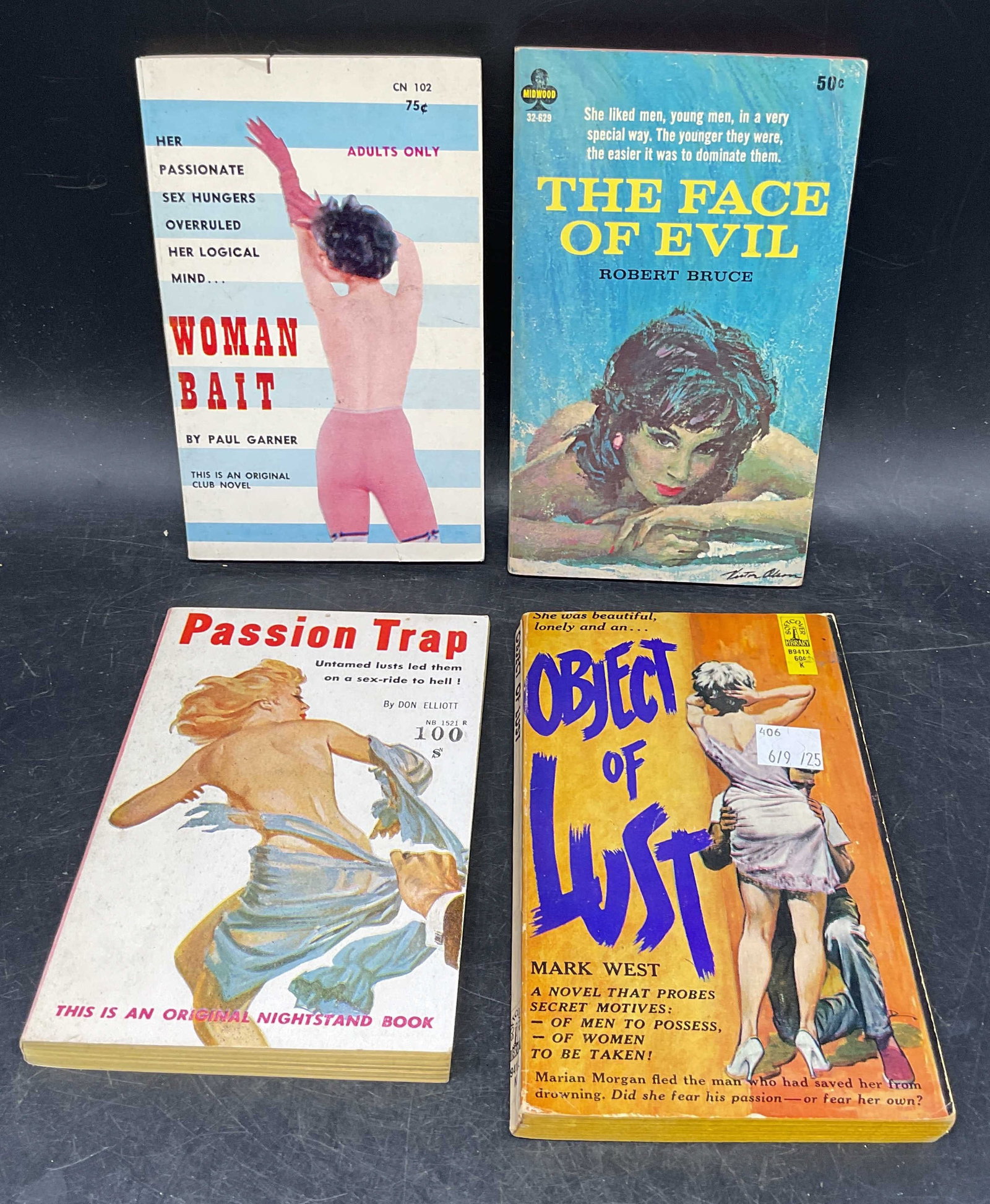 Lot 4 1960s Pulp Fiction Erotica Paperback Books: Lot of 4 vintage pulp fiction erotica paperback books. Published between 1960-1966. Woman Bait by Paul Garner. Passion Trap by Don Elliott. The Face of Evil by Robert Bruce. Object of Lust by Mark Wes