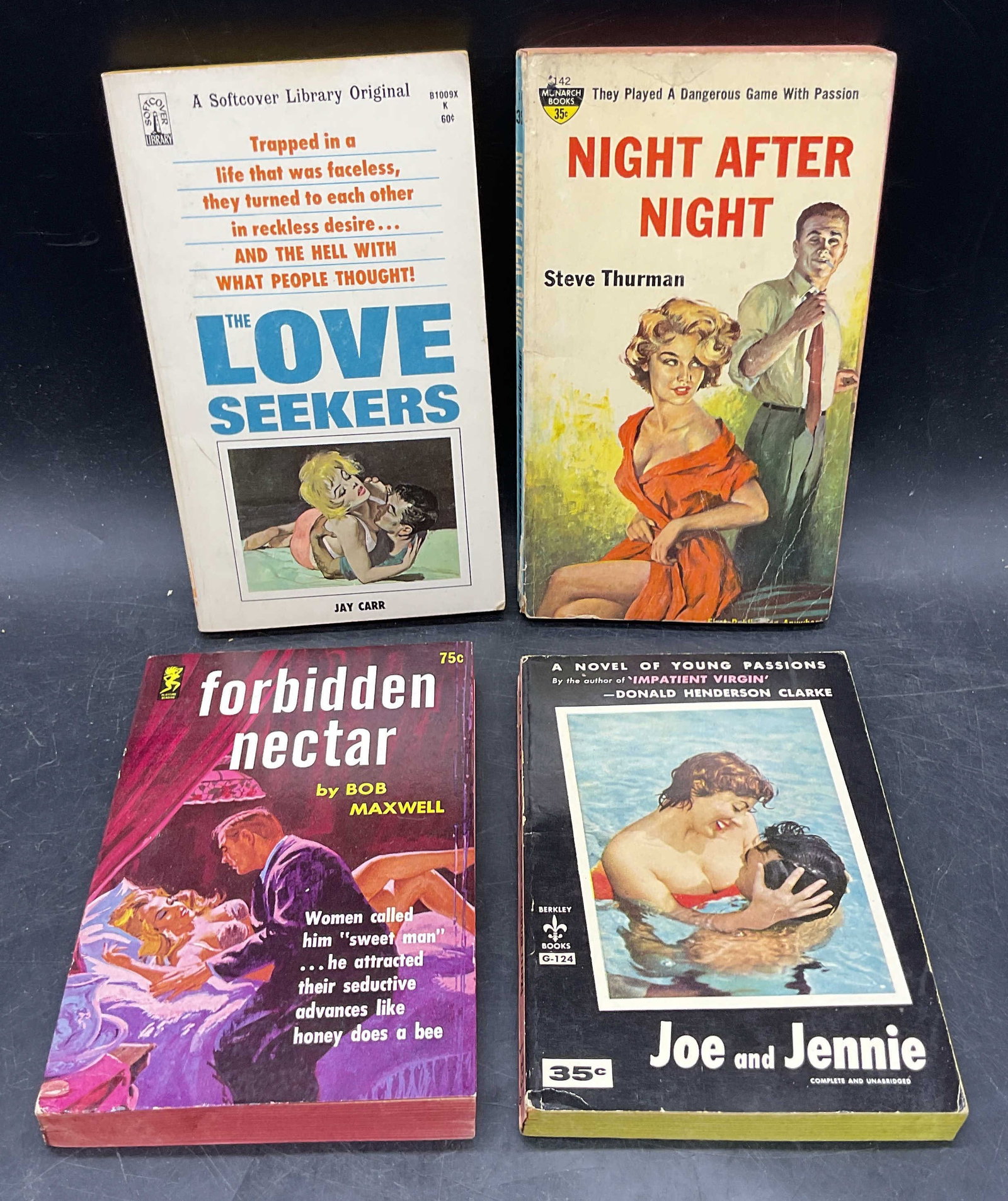 Lot 4 1958 Pulp Fiction Erotica Paperback Books: Night After Night by Steve Thurman. Forbidden Nectar by Bob Maxwell. Joe and Jennie by Donald Henderson Clarke. The Love Seekers by Jay Carr. Published between 1958-1966. Measures approx. 7 x 4.25 inc