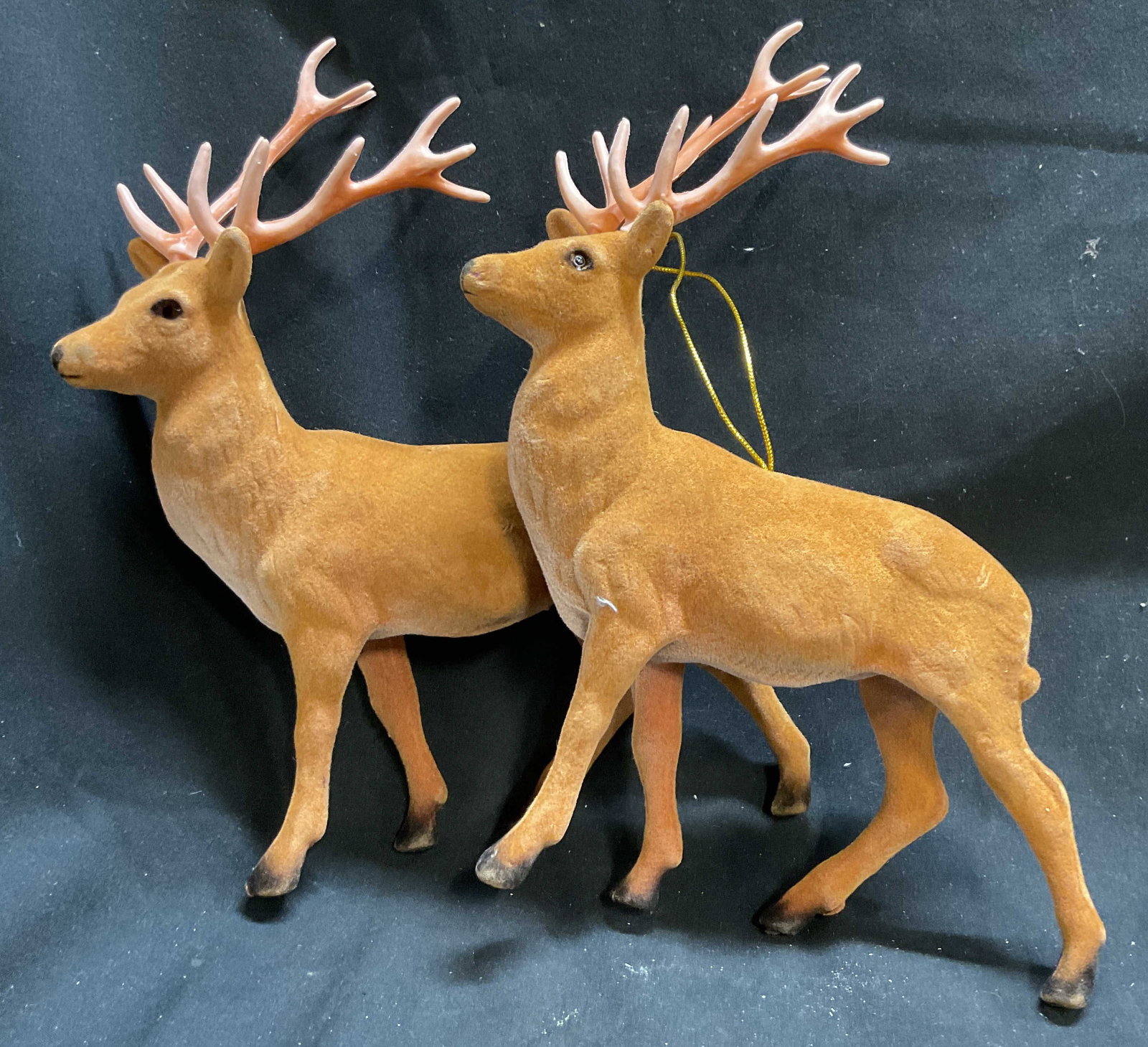 Pair Vntg Velvety Reindeer Bucks Christmas Decor: Pair of vintage reindeer holiday decor, bucks with antlers, velvety flocking over composite mold, each measures ht app 10 inches length app 10 inches width app 2.5 inches, vintage Christmas decor