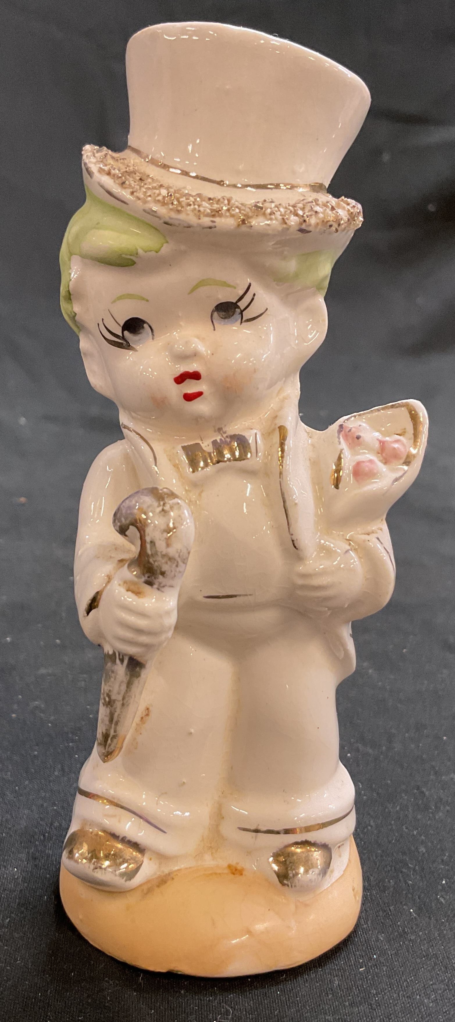 Vintage Porcelain Boy w Top hat, Japan: Vintage porcelain collectible of boy with top hat, bouquet of roses, and umbrella, gold accents, underside marked MD Japan , ht app 6 inches, smalls