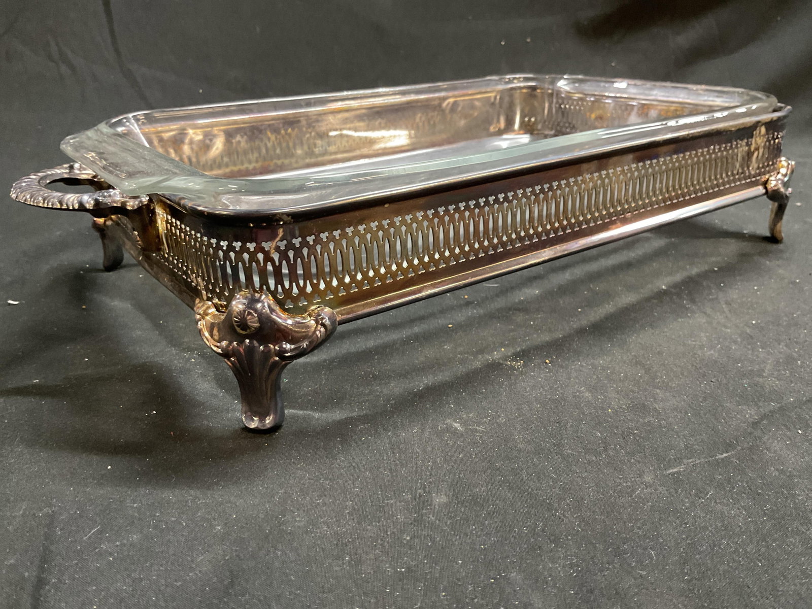 Silver Plate Pierced Footed Serving Stand w Pyrex - 2