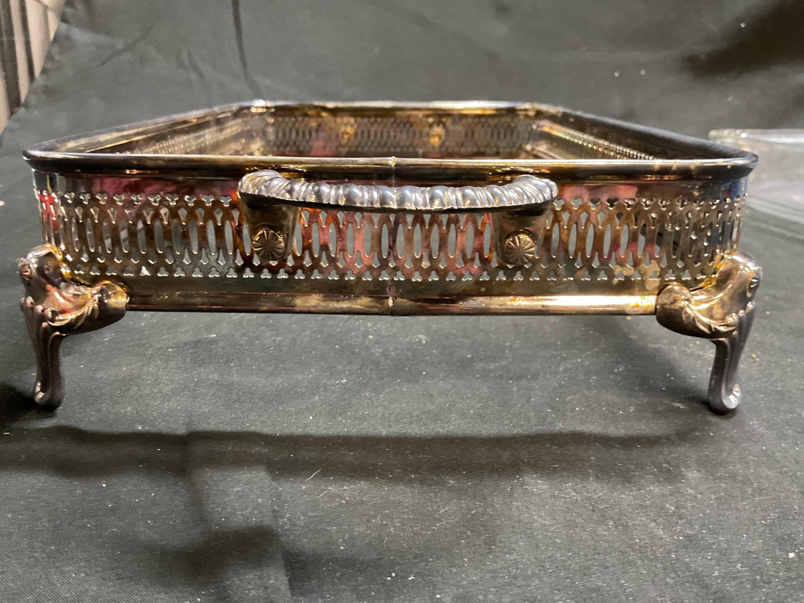Silver Plate Pierced Footed Serving Stand w Pyrex - 6