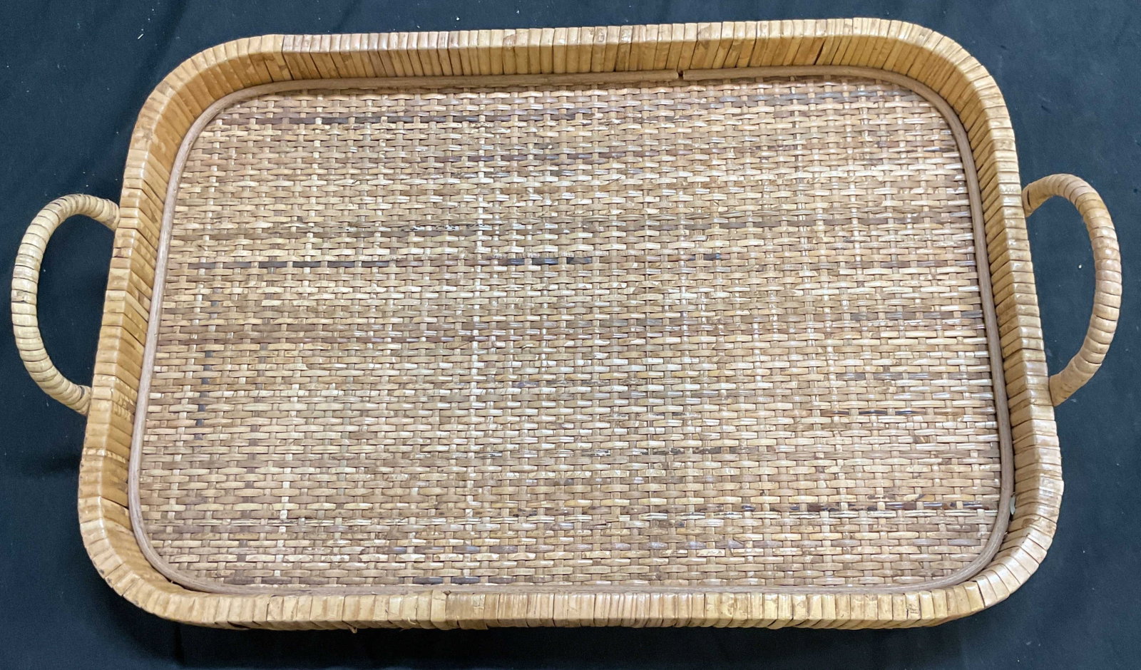 Double handled Woven rattan and wood tray (1 of 7)