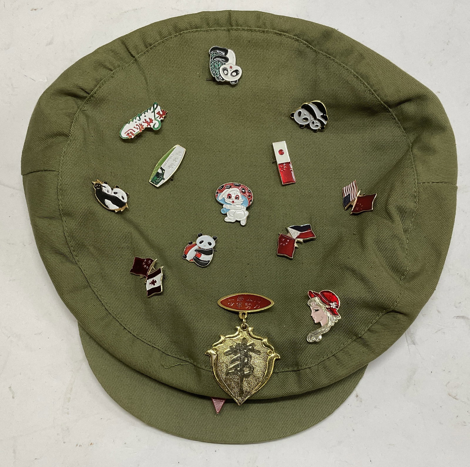 Vintage Green Chinese Cadet Cap & Bag Hat & Pins (1 of 10)