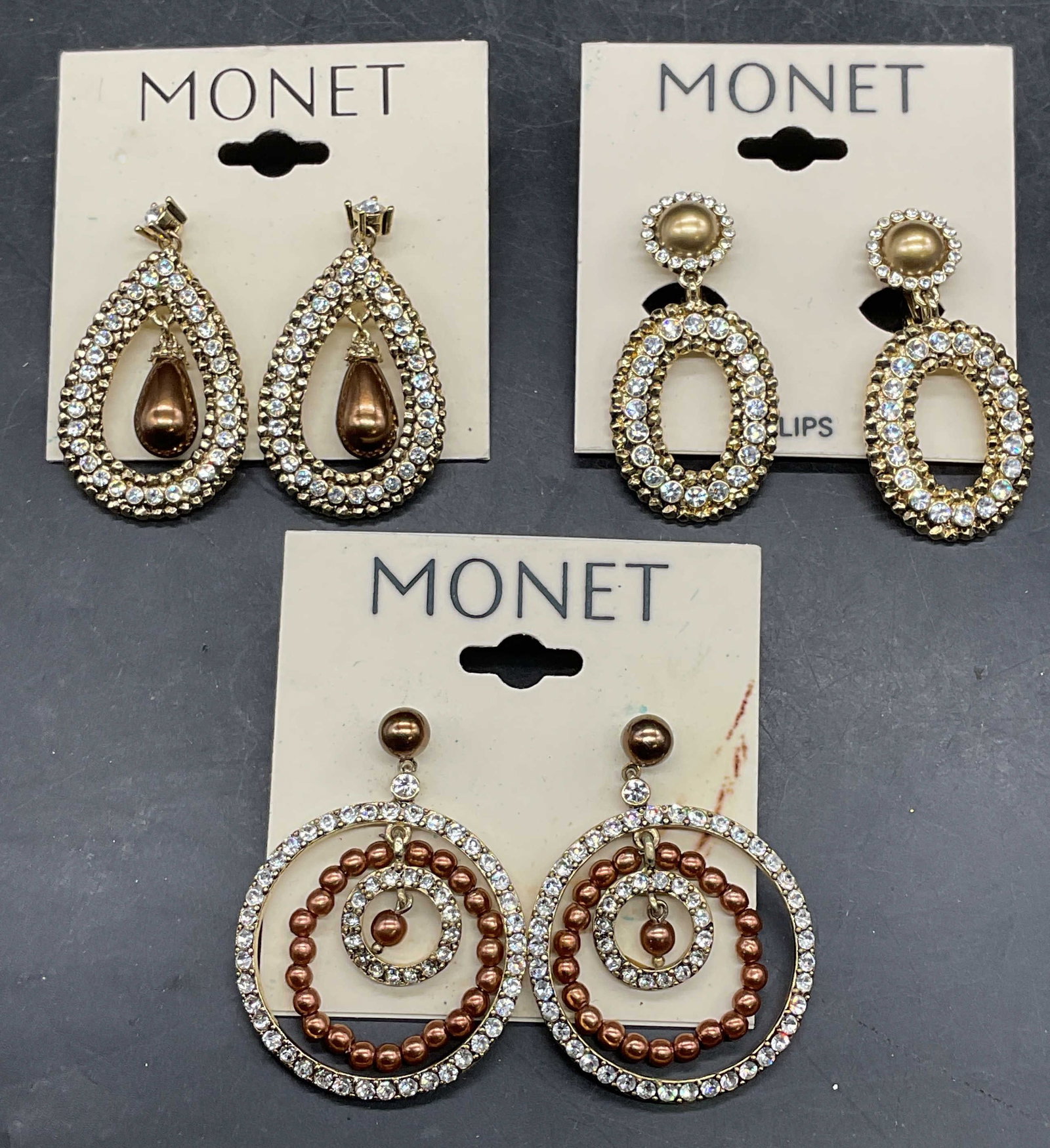 Lot 3 VTG Monet Gold Tn Crystal Earrings NWT (1 of 7)