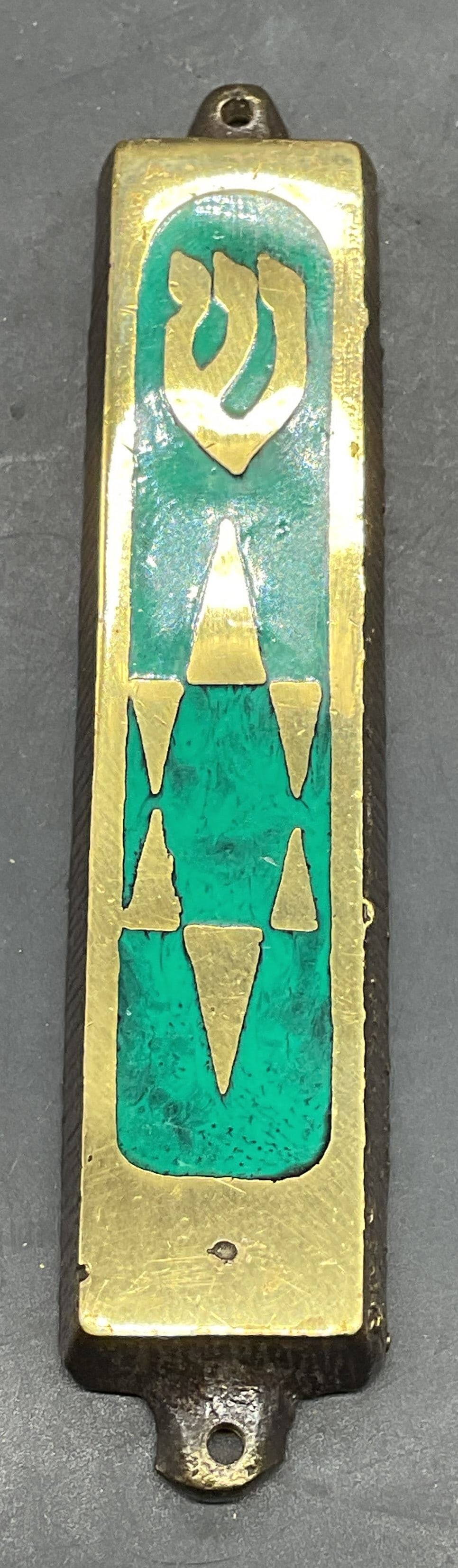 Vintage Gilt Enamel Metal Mezuzah: Vintage gilt and green enameled metal mezuzah with Star of David motif. Measures approx. 3.75 x 1 inches. Some scratching. Mezuzah, gilt mezuzah, enamel mezuzah, Judaica, home decor, home accessories,