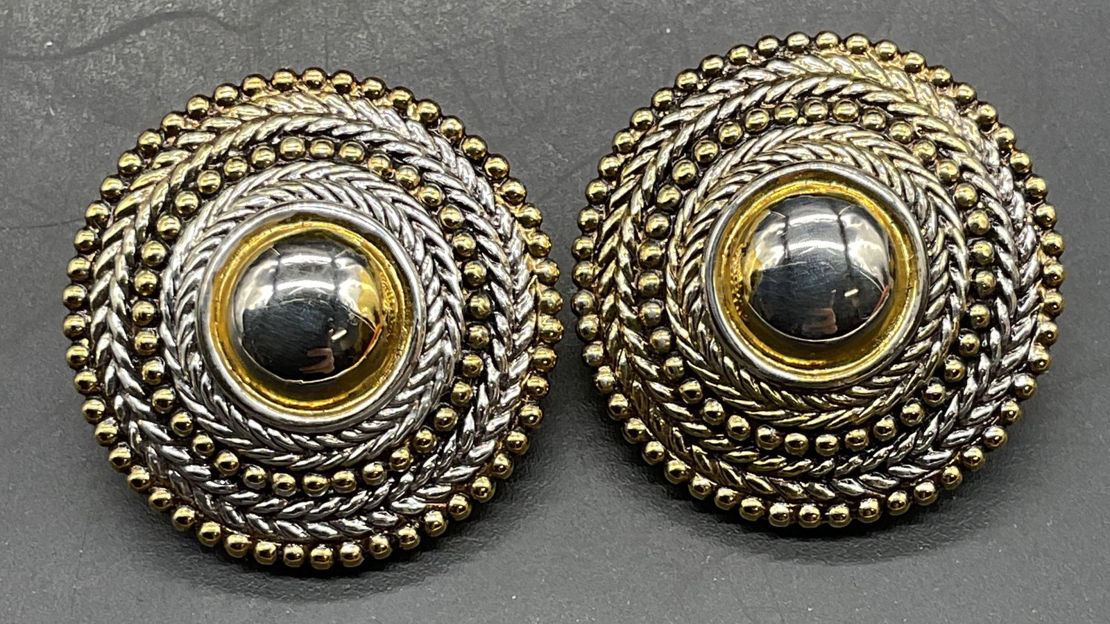 Napier Silver & Gold Tone Round Earrings: Vintage Napier silver and gold tone round raised bead earrings. Measures approx. 1 inch wide. Some scratching. Jewelry, estate jewelry, costume jewelry, cocktail jewelry, fashion jewelry,