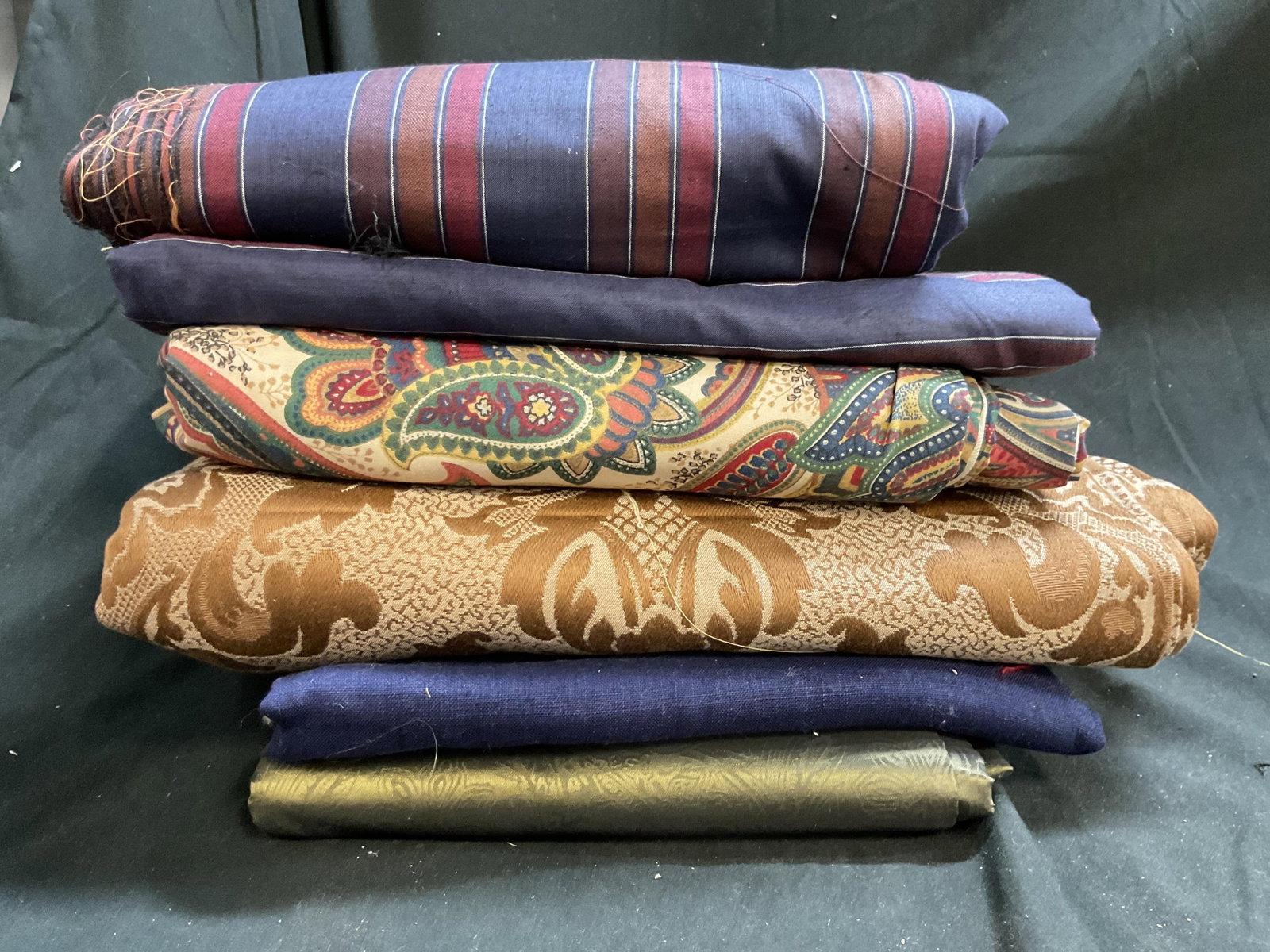 Group Blue Gold Purple Fabric yardage: Not measured , fabrics of silk, linen, cotton and more, paisleys , stripes, and geometric, property of Manhattan interior designer estate, luxury fabrics, bulk