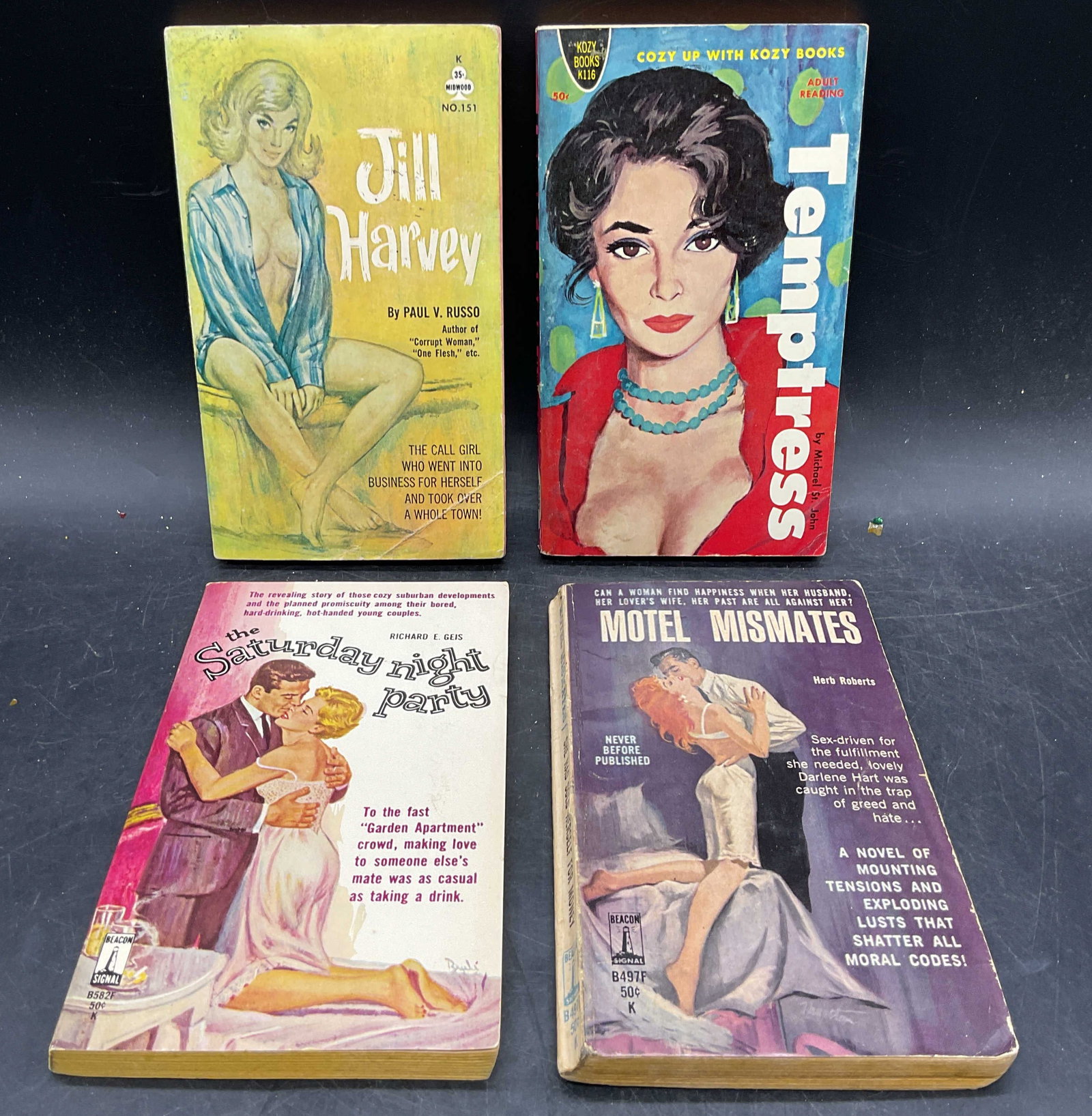 Lot 4 1960s Pulp Fiction Erotica Paperback Books: Lot of 4 pulp fiction erotica paperback books. All published 1960s. Temptress by Michael St John. Jill Harvey by Paul V Russo. The Saturday Night Party by Richard E Geis. Motel Mismates by Herb Robert