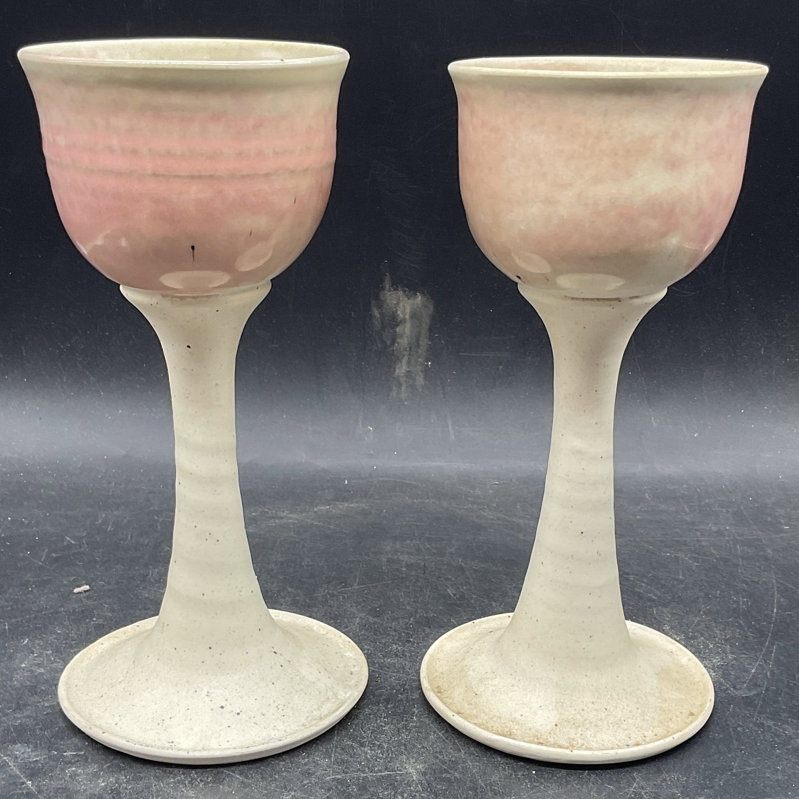 Pair Signed Pink White Ceramic Wine Goblets (1 of 6)