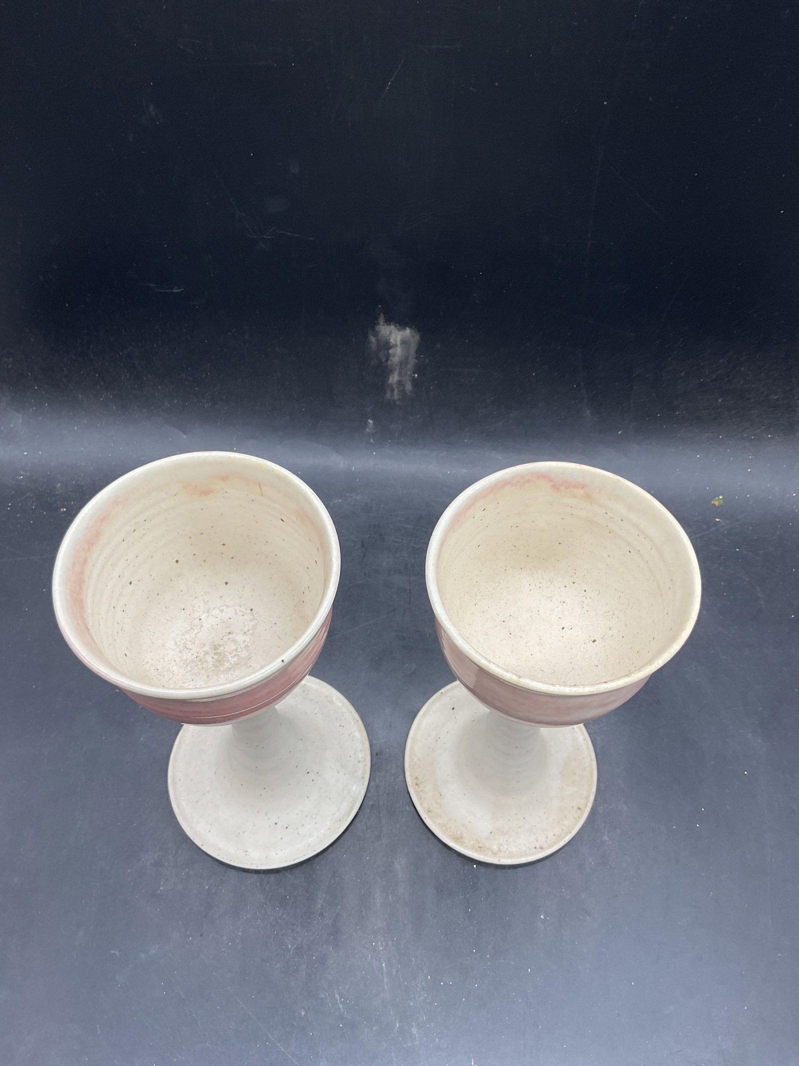 Pair Signed Pink White Ceramic Wine Goblets - 2