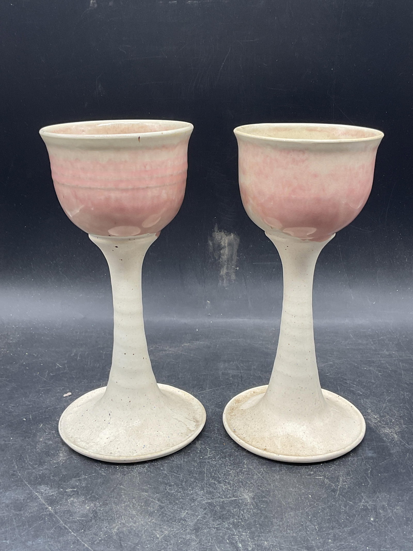 Pair Signed Pink White Ceramic Wine Goblets - 3